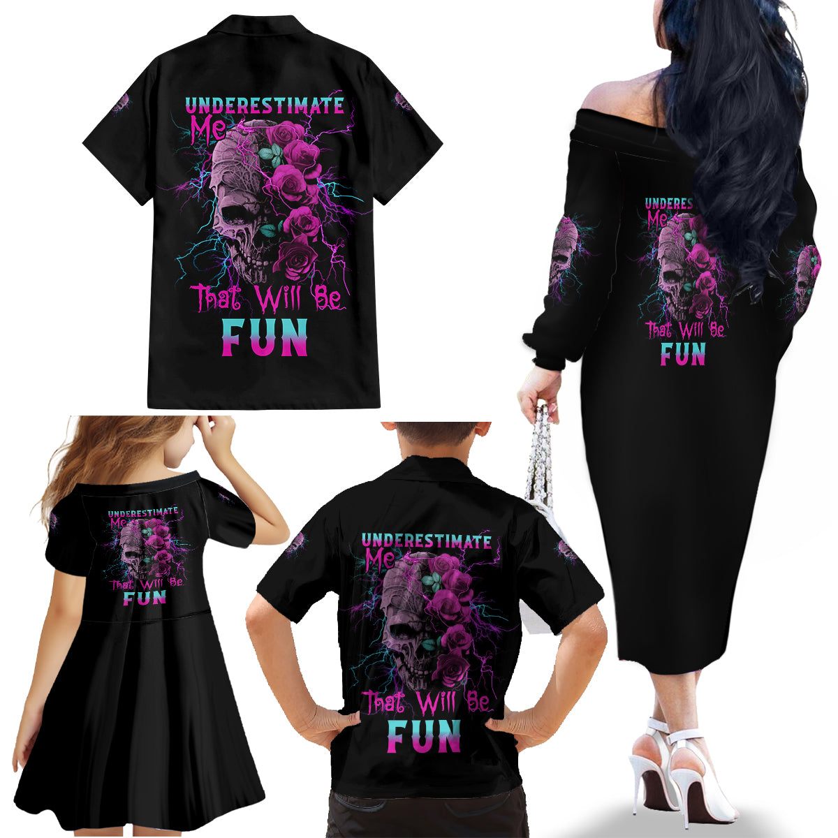 Underestimate Me Rose Skull Family Matching Off Shoulder Long Sleeve Dress and Hawaiian Shirt - Wonder Print Shop