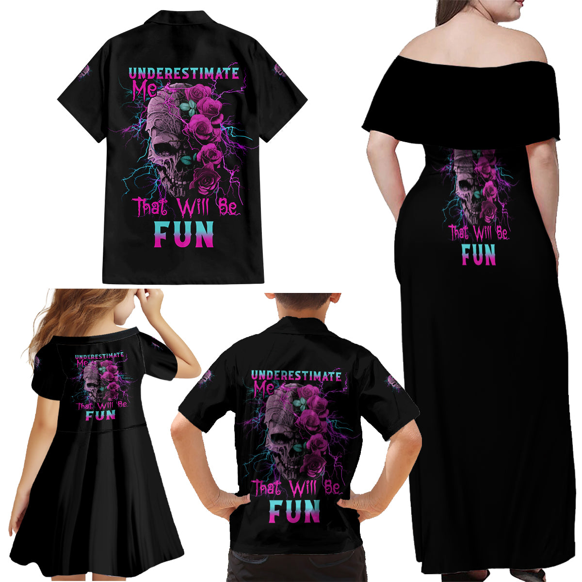 Underestimate Me Rose Skull Family Matching Off Shoulder Maxi Dress and Hawaiian Shirt - Wonder Print Shop