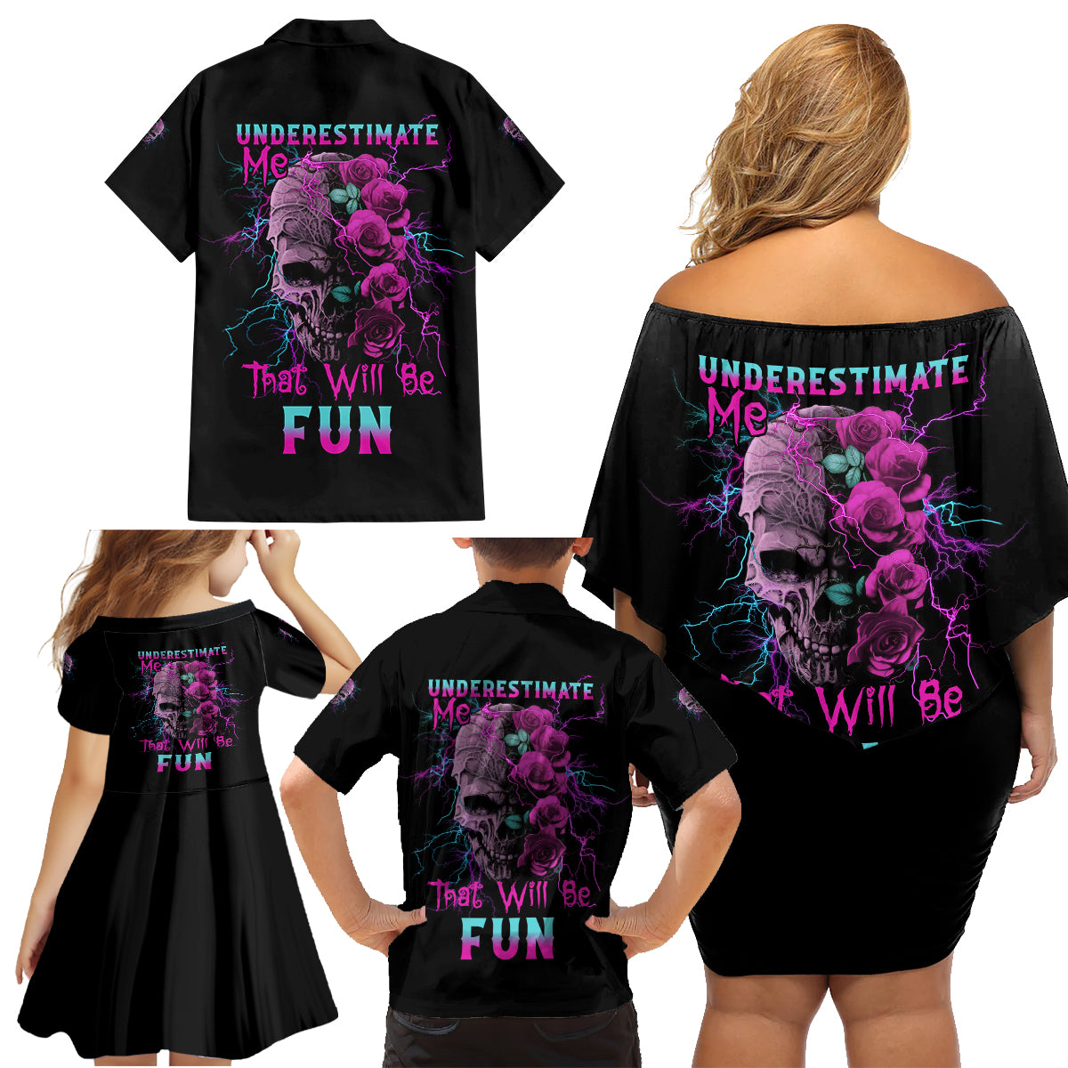 Underestimate Me Rose Skull Family Matching Off Shoulder Short Dress and Hawaiian Shirt - Wonder Print Shop