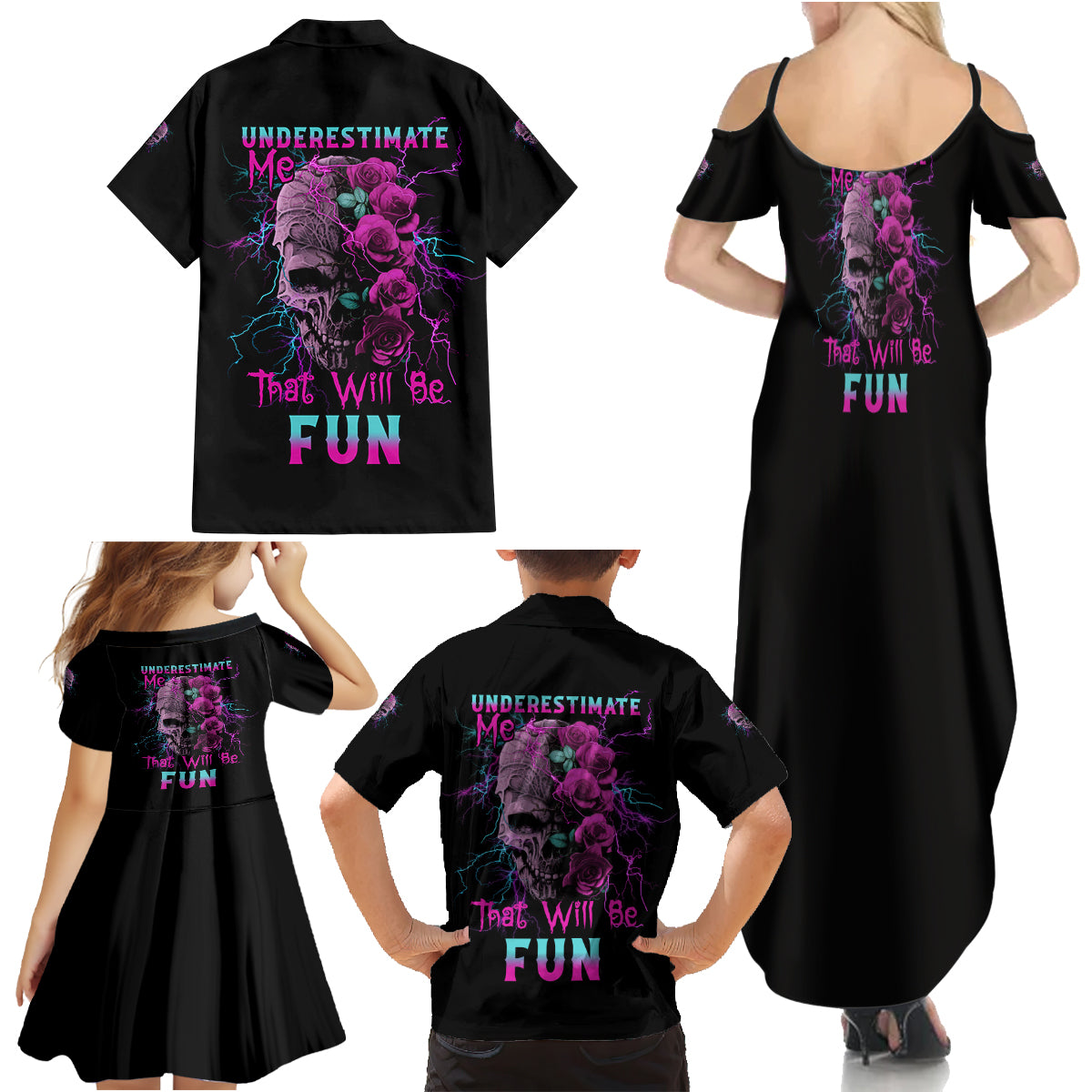 Underestimate Me Rose Skull Family Matching Summer Maxi Dress and Hawaiian Shirt - Wonder Print Shop