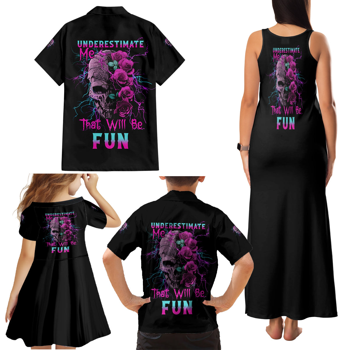 Underestimate Me Rose Skull Family Matching Tank Maxi Dress and Hawaiian Shirt - Wonder Print Shop