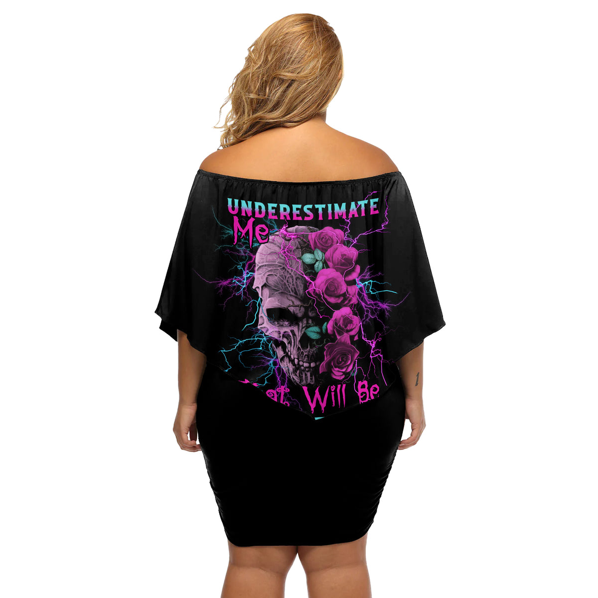Underestimate Me Rose Skull Off Shoulder Short Dress - Wonder Print Shop