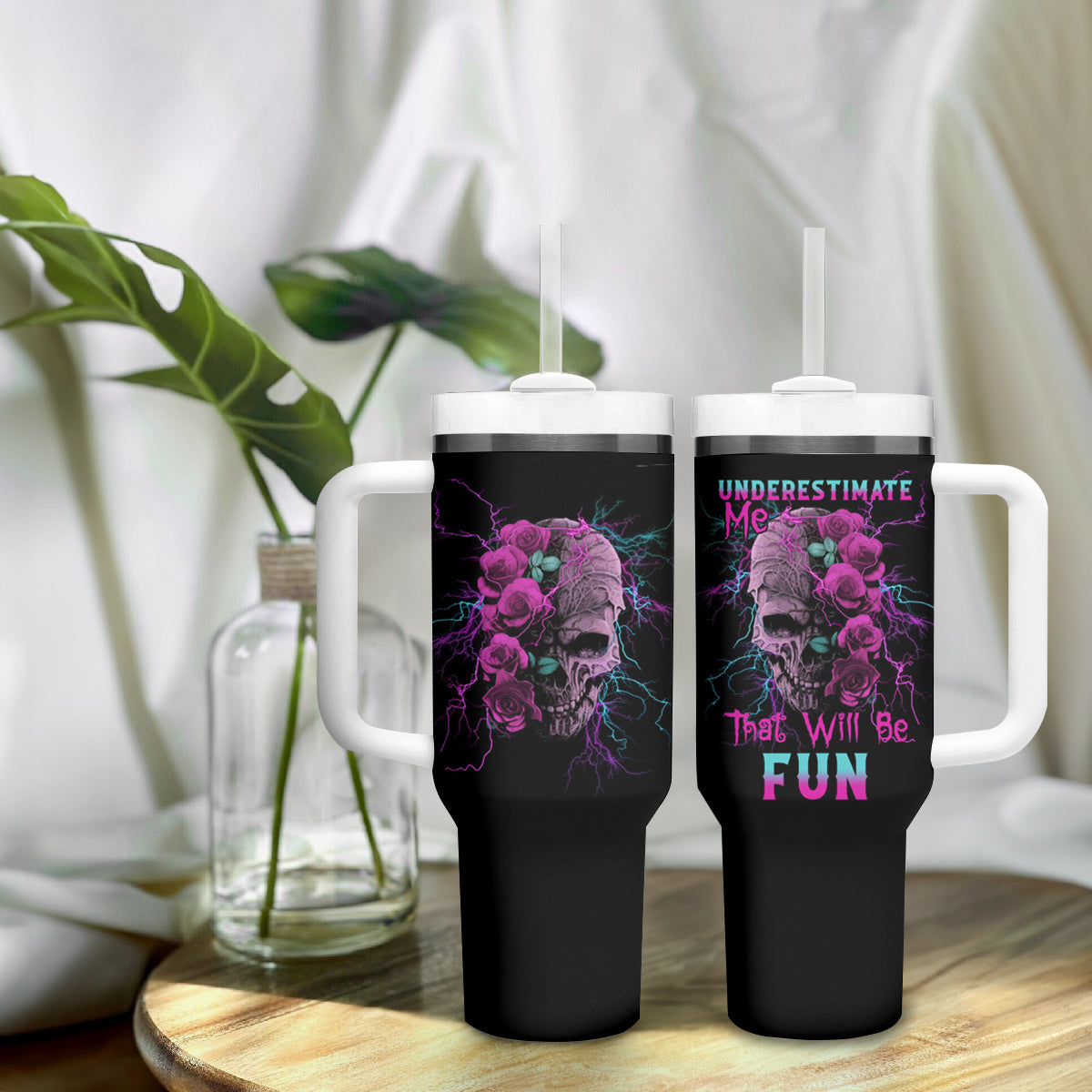 Underestimate Me Rose Skull Tumbler With Handle - Wonder Print Shop