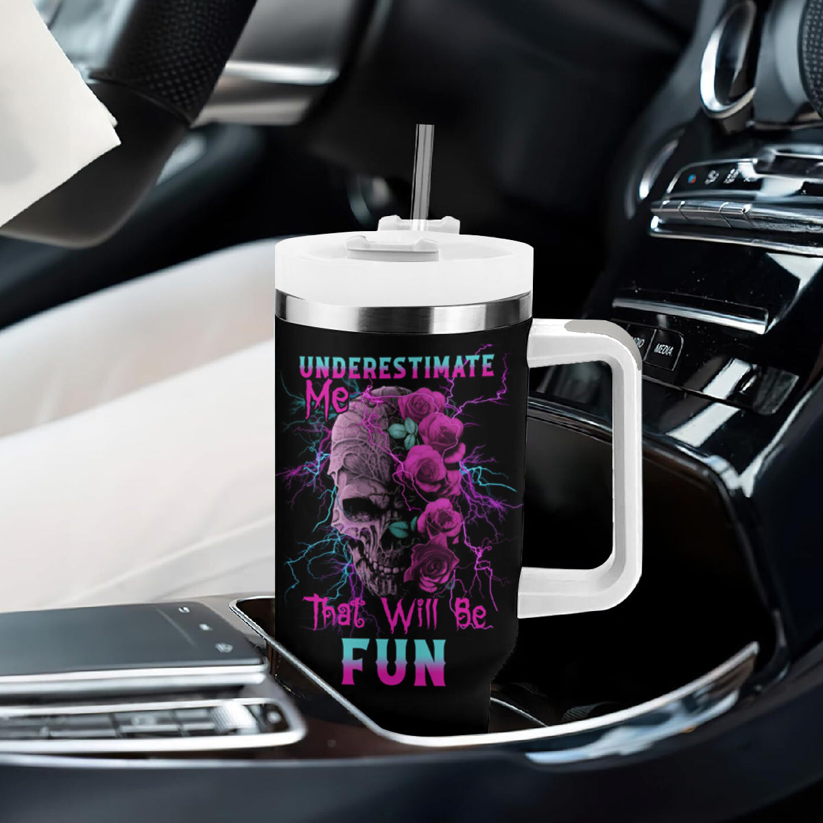 Underestimate Me Rose Skull Tumbler With Handle - Wonder Print Shop