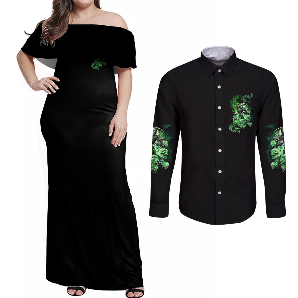I Am The Storm Skull Couples Matching Off Shoulder Maxi Dress and Long Sleeve Button Shirt - Wonder Print Shop