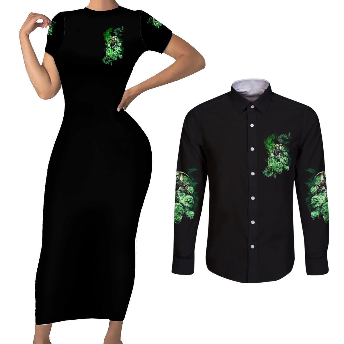 I Am The Storm Skull Couples Matching Short Sleeve Bodycon Dress and Long Sleeve Button Shirt - Wonder Print Shop