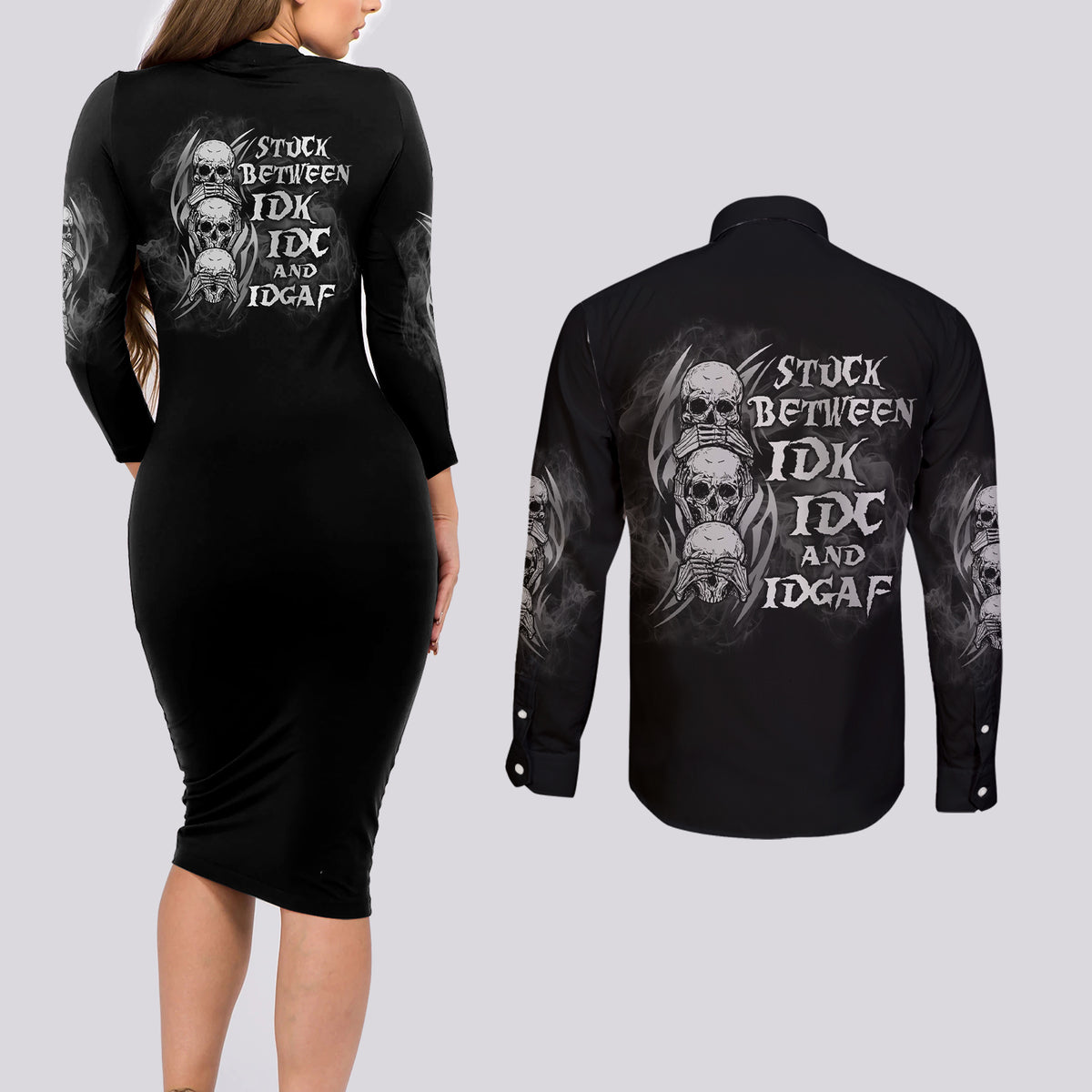I'm Never Alone Skull Reaper Couples Matching Long Sleeve Bodycon Dress and Long Sleeve Button Shirt - Wonder Print Shop