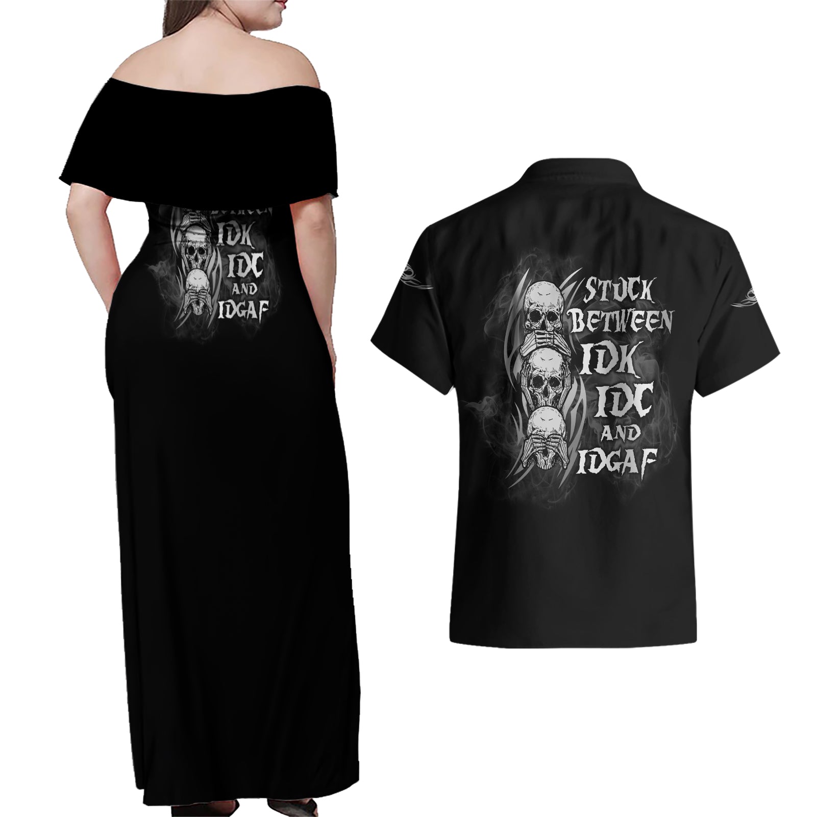 I'm Never Alone Skull Reaper Couples Matching Off Shoulder Maxi Dress and Hawaiian Shirt - Wonder Print Shop