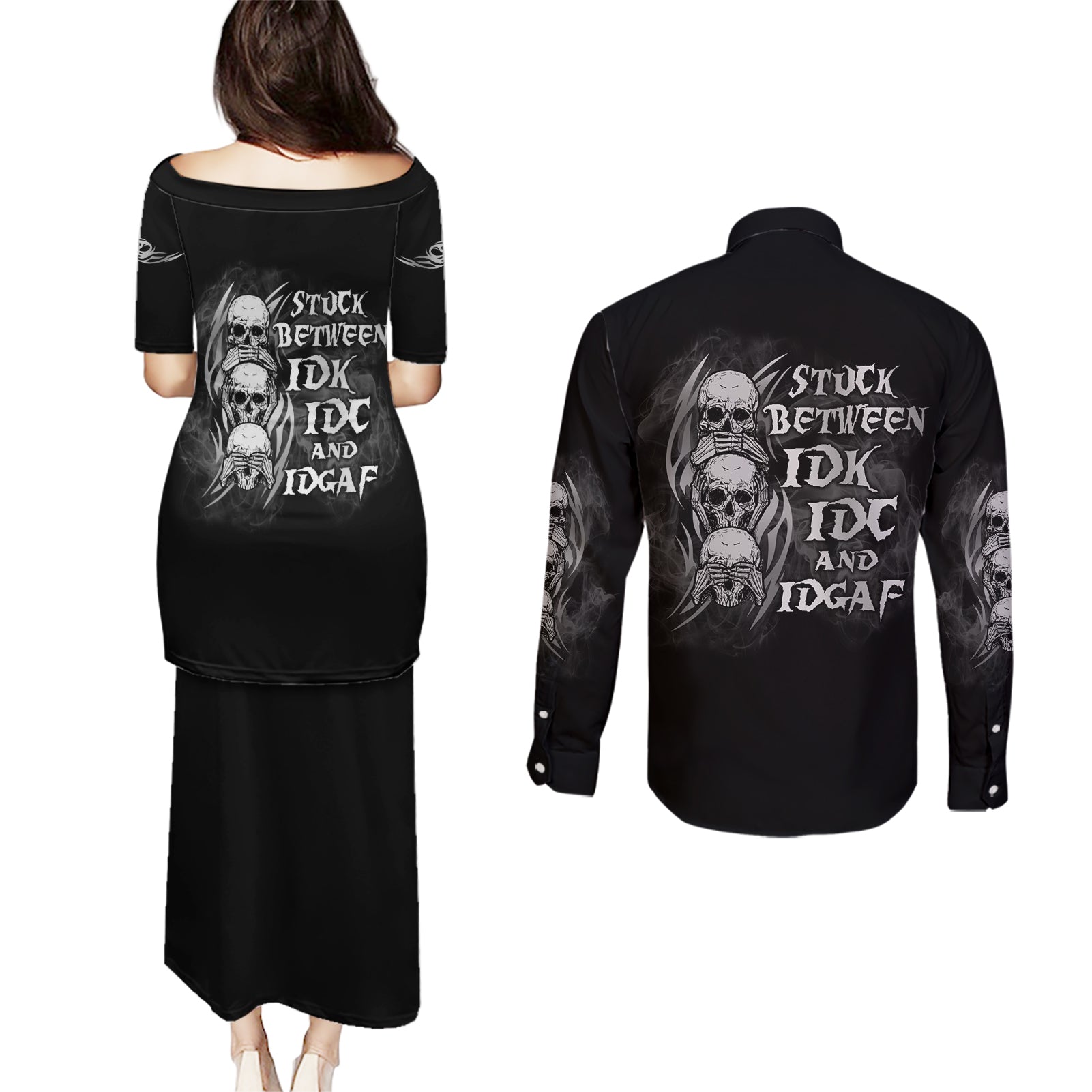 I'm Never Alone Skull Reaper Couples Matching Puletasi Dress and Long Sleeve Button Shirt - Wonder Print Shop