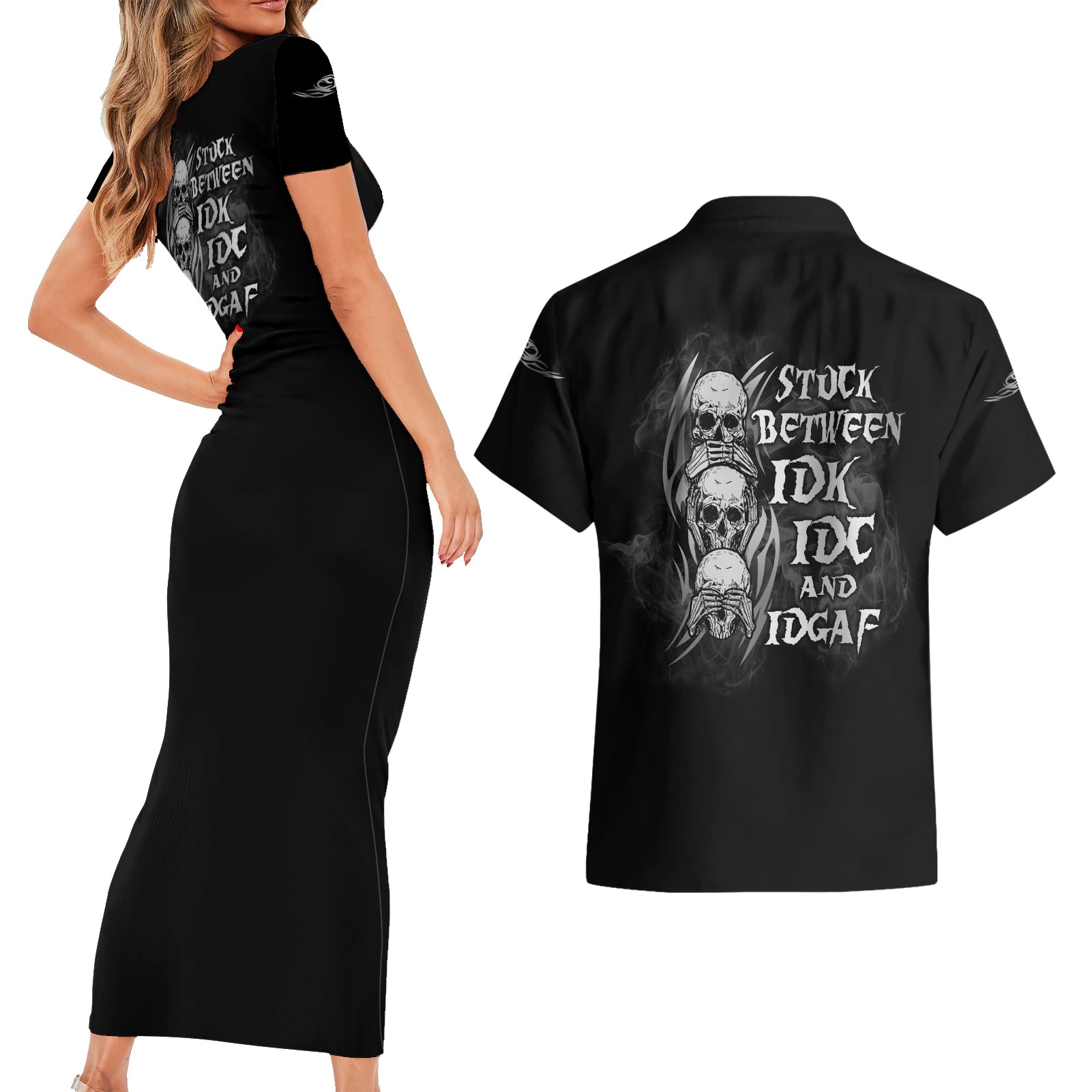 I'm Never Alone Skull Reaper Couples Matching Short Sleeve Bodycon Dress and Hawaiian Shirt - Wonder Print Shop