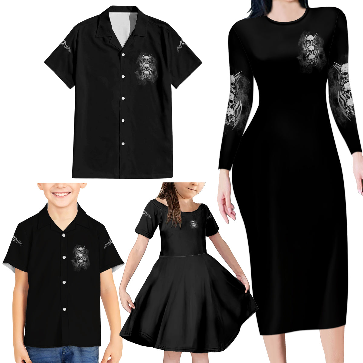 I'm Never Alone Skull Reaper Family Matching Long Sleeve Bodycon Dress and Hawaiian Shirt - Wonder Print Shop