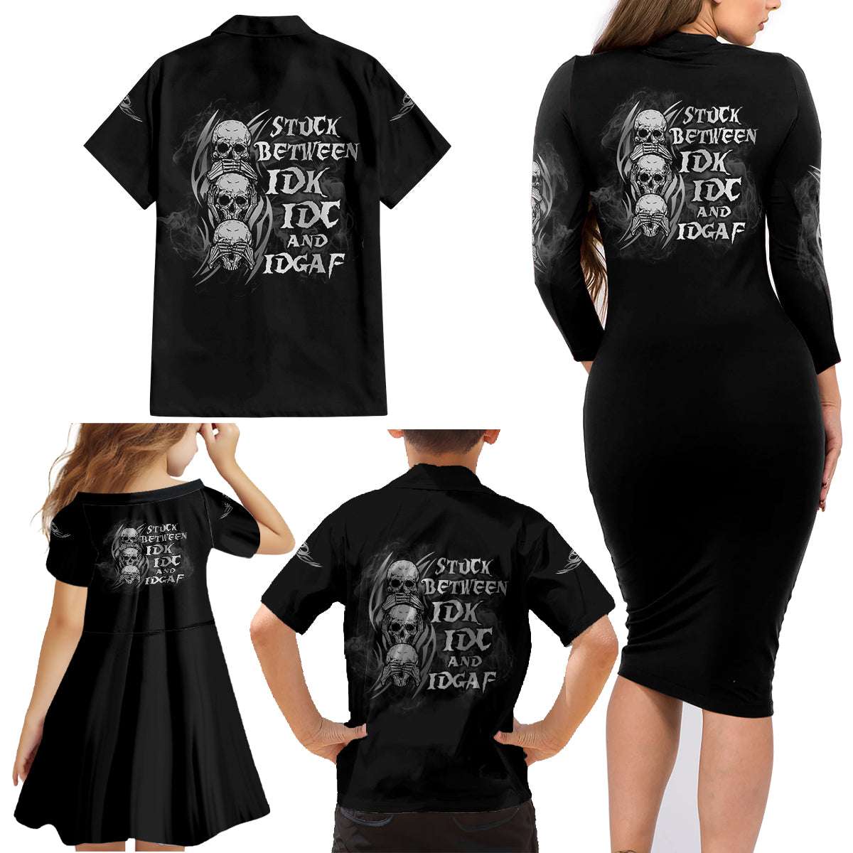 I'm Never Alone Skull Reaper Family Matching Long Sleeve Bodycon Dress and Hawaiian Shirt - Wonder Print Shop