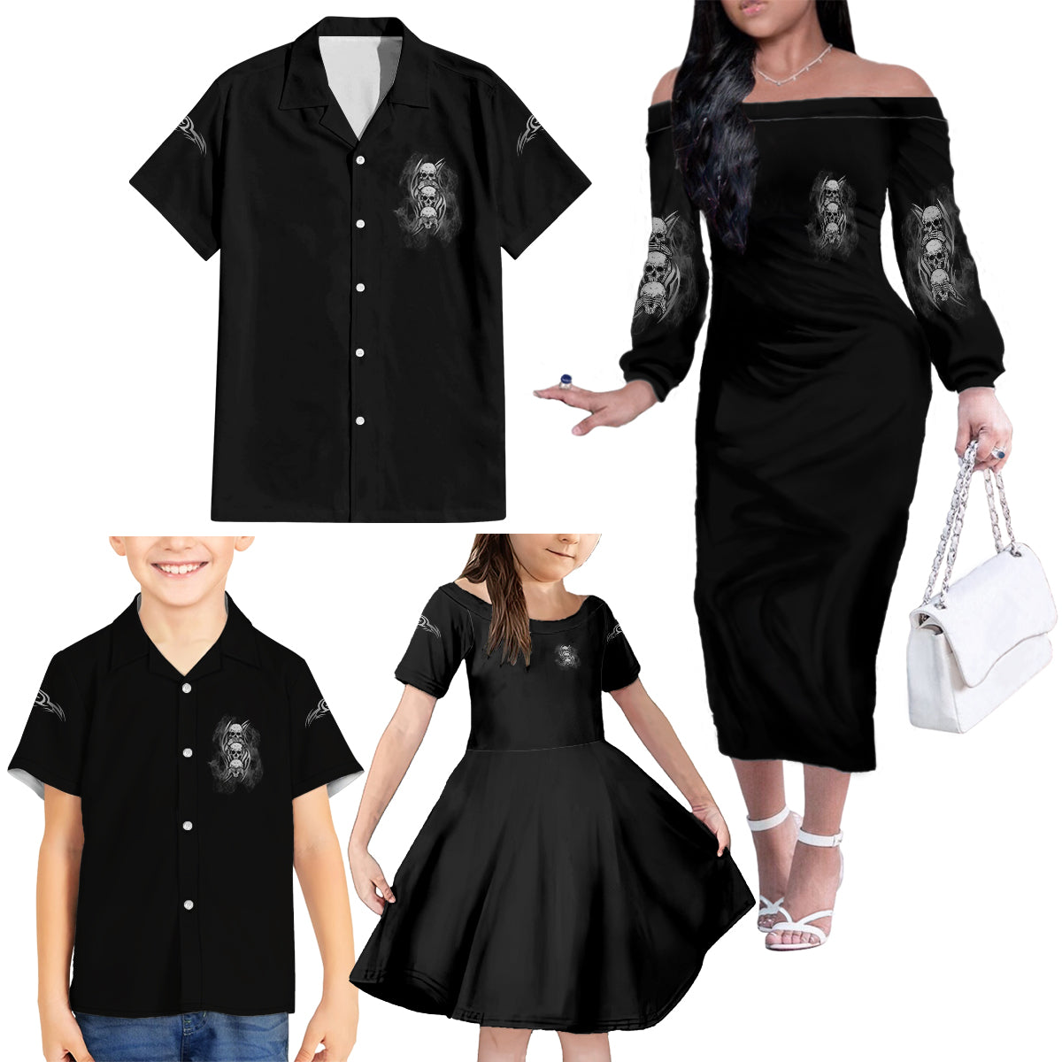 I'm Never Alone Skull Reaper Family Matching Off Shoulder Long Sleeve Dress and Hawaiian Shirt - Wonder Print Shop