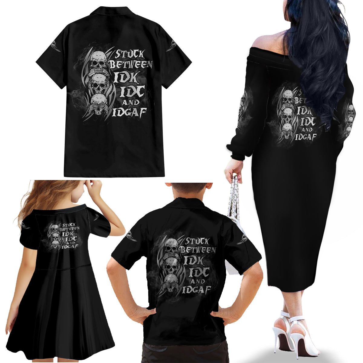 I'm Never Alone Skull Reaper Family Matching Off Shoulder Long Sleeve Dress and Hawaiian Shirt - Wonder Print Shop