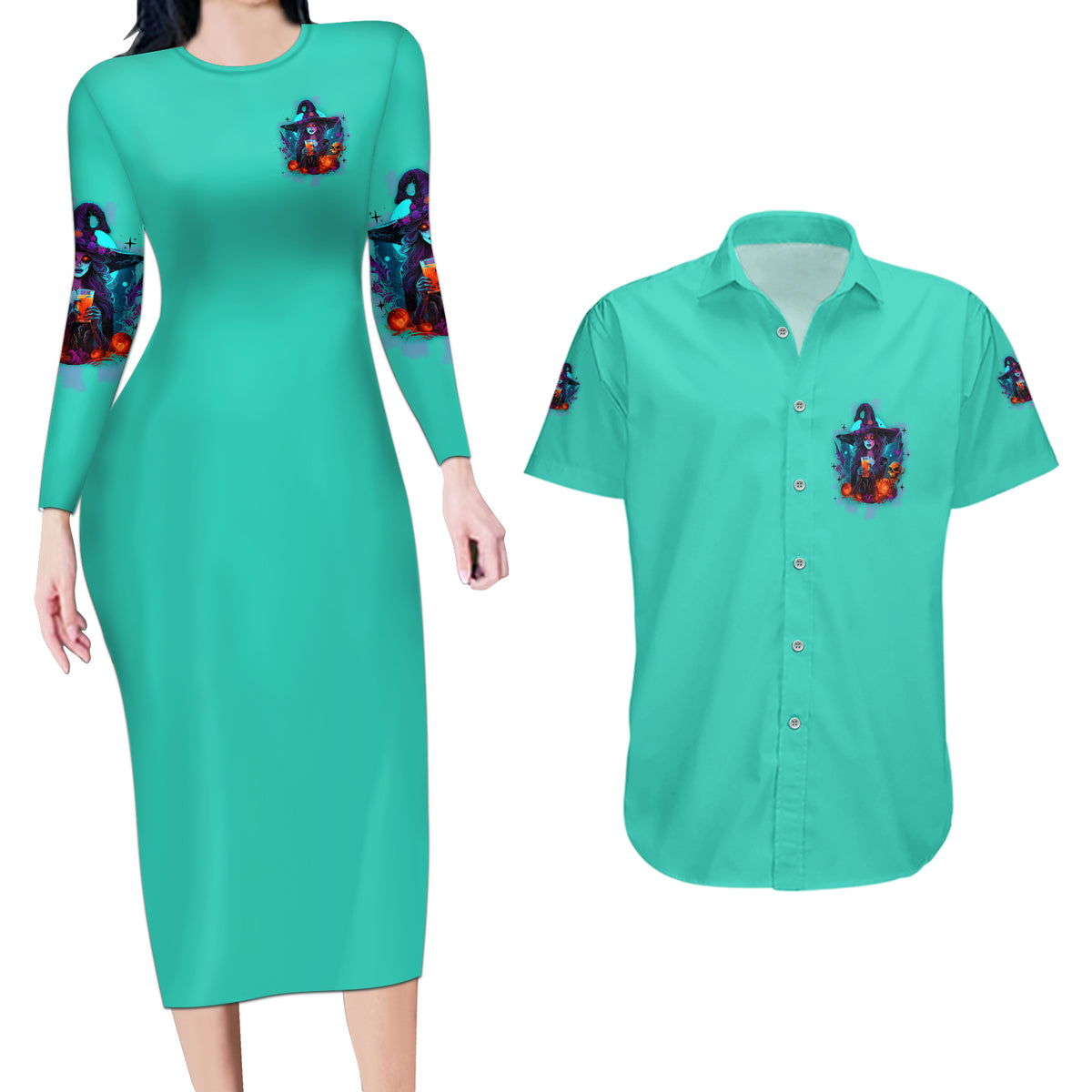 Hocus Pocus Time Witches Halloween Couples Matching Long Sleeve Bodycon Dress and Hawaiian Shirt - Wonder Print Shop