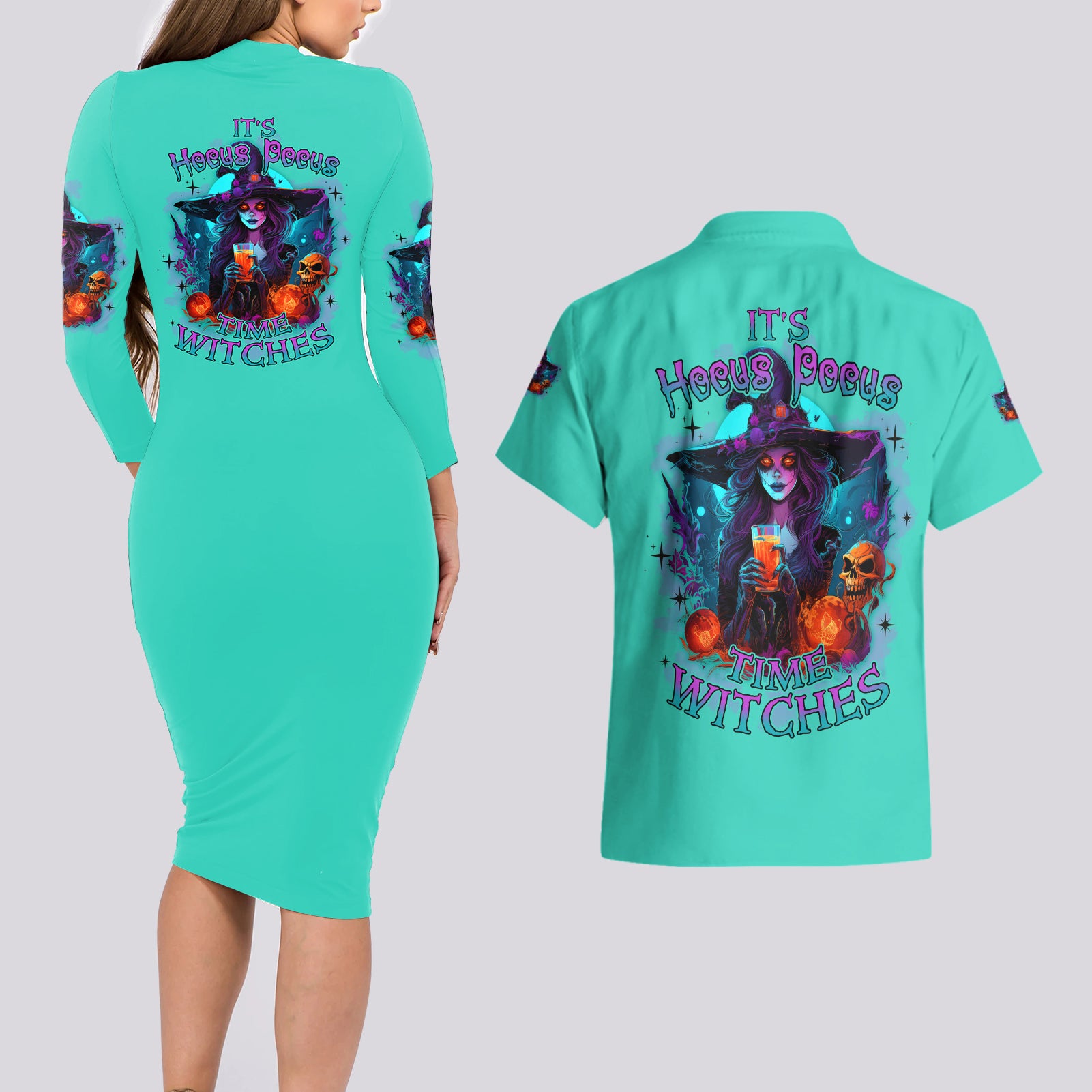 Hocus Pocus Time Witches Halloween Couples Matching Long Sleeve Bodycon Dress and Hawaiian Shirt - Wonder Print Shop