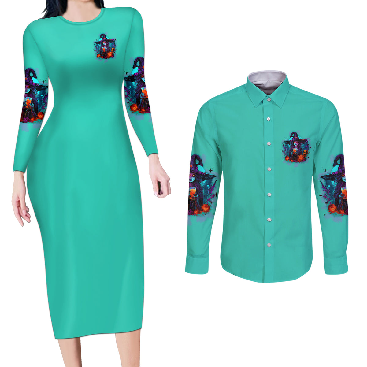 Hocus Pocus Time Witches Halloween Couples Matching Long Sleeve Bodycon Dress and Long Sleeve Button Shirt - Wonder Print Shop