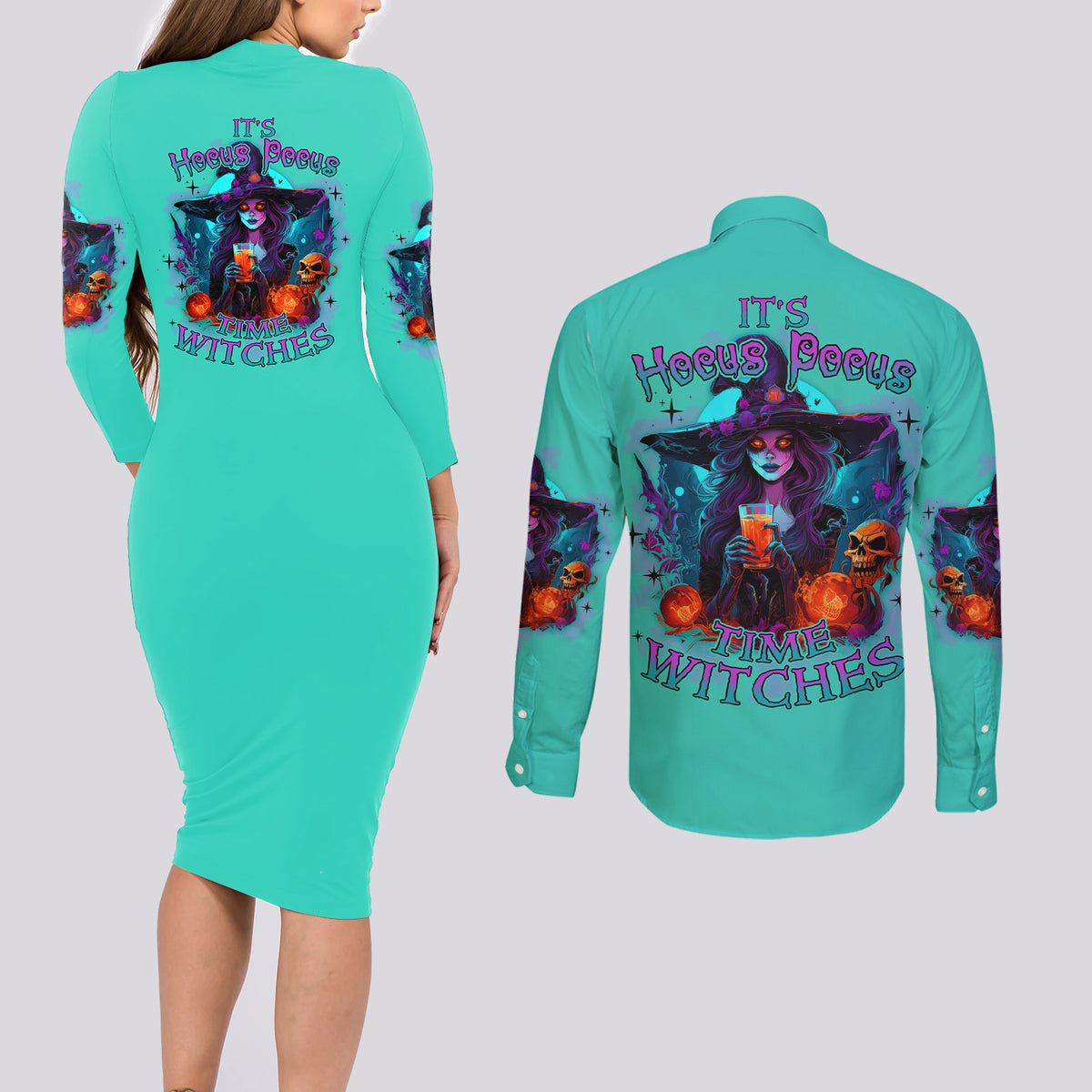 Hocus Pocus Time Witches Halloween Couples Matching Long Sleeve Bodycon Dress and Long Sleeve Button Shirt - Wonder Print Shop