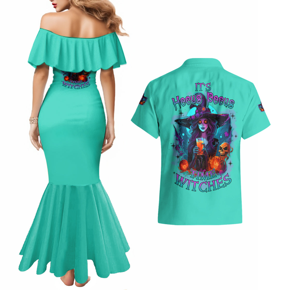 Hocus Pocus Time Witches Halloween Couples Matching Mermaid Dress and Hawaiian Shirt - Wonder Print Shop
