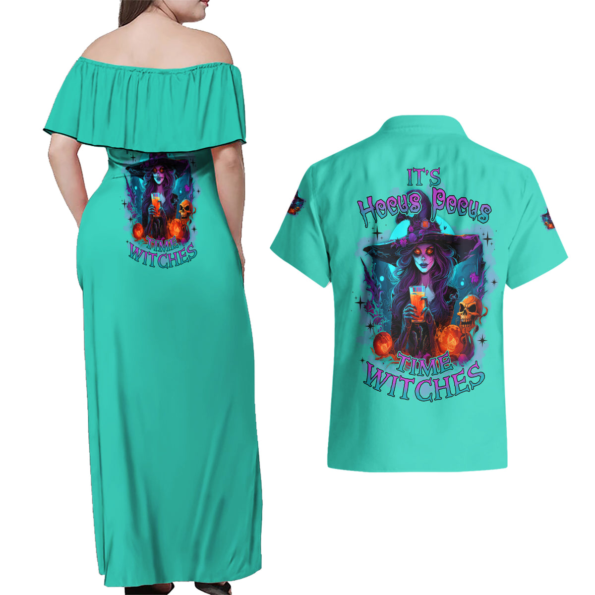 Hocus Pocus Time Witches Halloween Couples Matching Off Shoulder Maxi Dress and Hawaiian Shirt - Wonder Print Shop