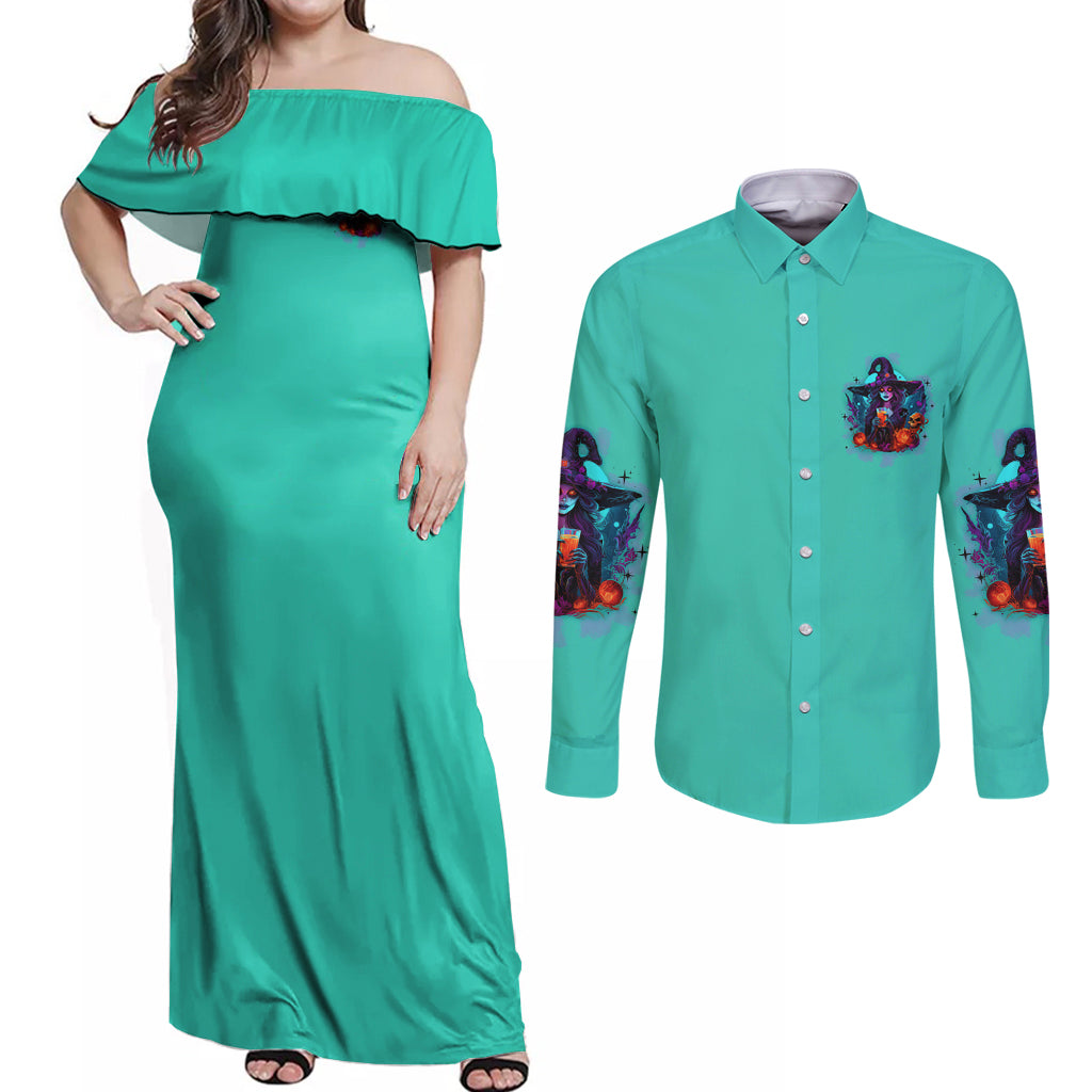 Hocus Pocus Time Witches Halloween Couples Matching Off Shoulder Maxi Dress and Long Sleeve Button Shirt - Wonder Print Shop