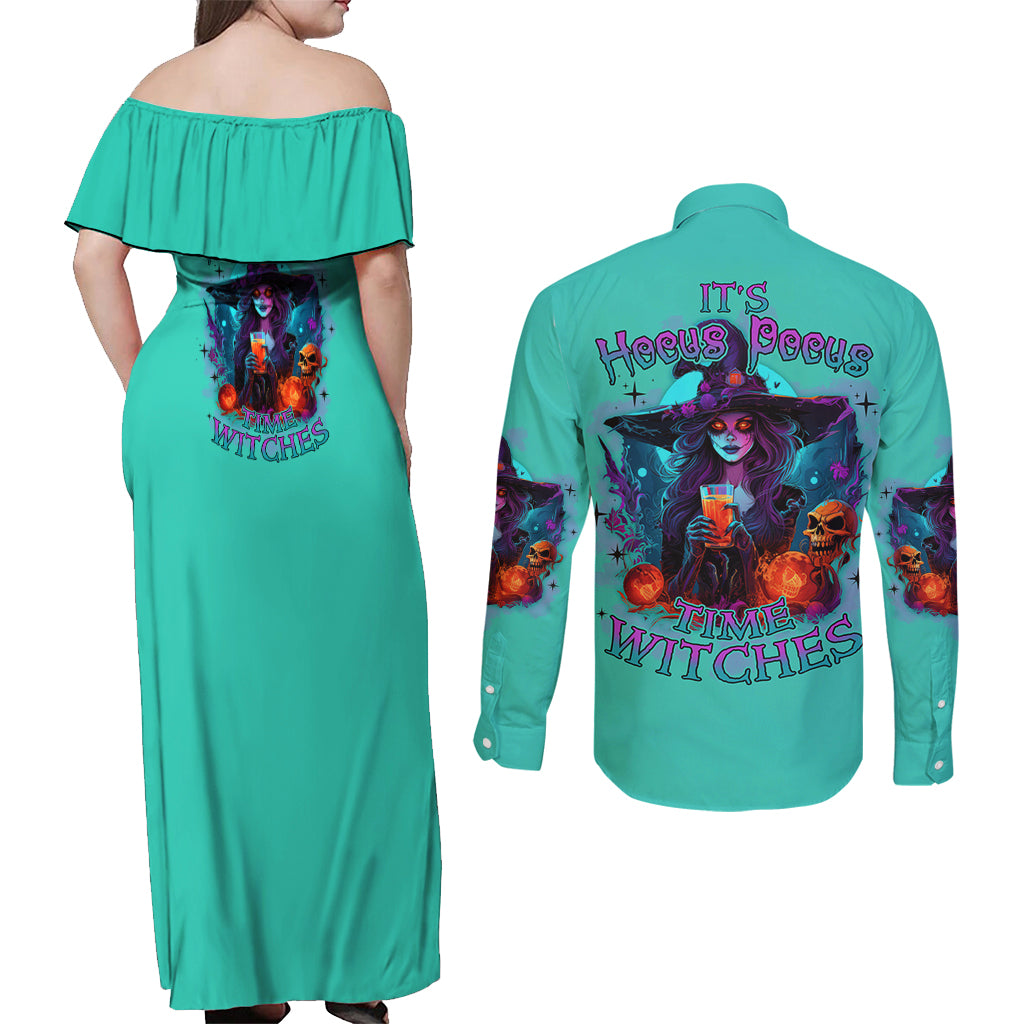 Hocus Pocus Time Witches Halloween Couples Matching Off Shoulder Maxi Dress and Long Sleeve Button Shirt - Wonder Print Shop