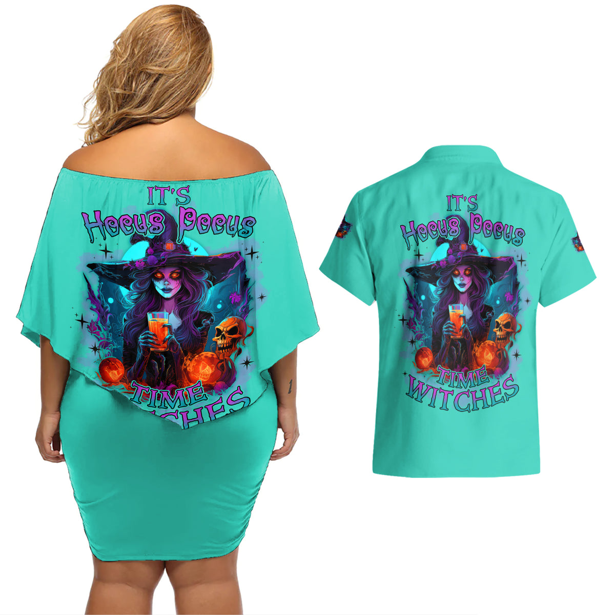Hocus Pocus Time Witches Halloween Couples Matching Off Shoulder Short Dress and Hawaiian Shirt - Wonder Print Shop