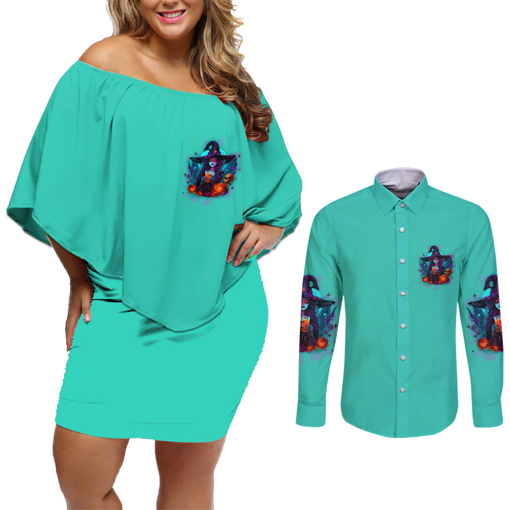 Hocus Pocus Time Witches Halloween Couples Matching Off Shoulder Short Dress and Long Sleeve Button Shirt - Wonder Print Shop
