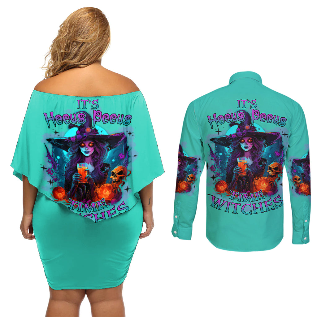 Hocus Pocus Time Witches Halloween Couples Matching Off Shoulder Short Dress and Long Sleeve Button Shirt - Wonder Print Shop
