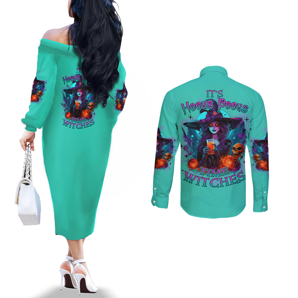 hocus-pocus-time-witches-halloween-couples-matching-off-the-shoulder-long-sleeve-dress-and-long-sleeve-button-shirt