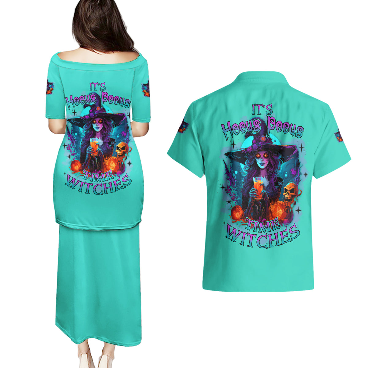 Hocus Pocus Time Witches Halloween Couples Matching Puletasi Dress and Hawaiian Shirt - Wonder Print Shop
