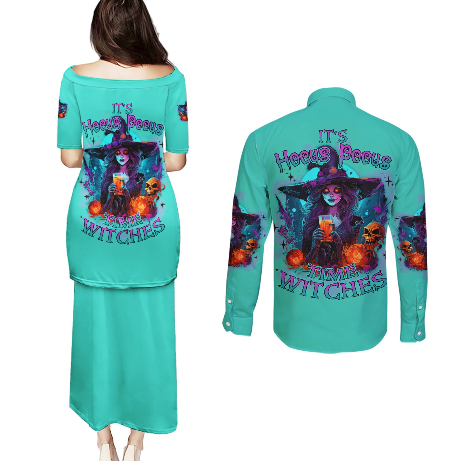 Hocus Pocus Time Witches Halloween Couples Matching Puletasi Dress and Long Sleeve Button Shirt - Wonder Print Shop