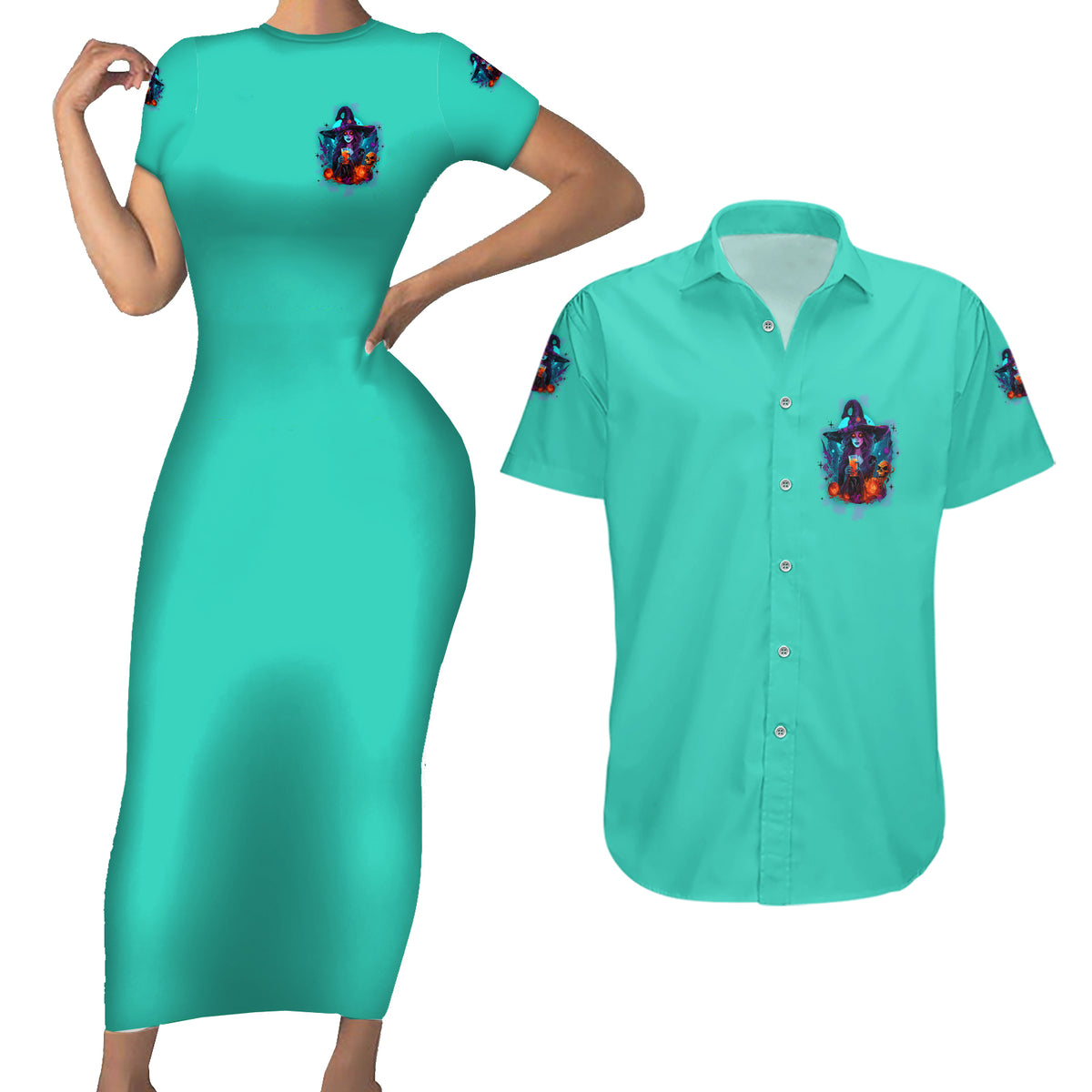 Hocus Pocus Time Witches Halloween Couples Matching Short Sleeve Bodycon Dress and Hawaiian Shirt - Wonder Print Shop