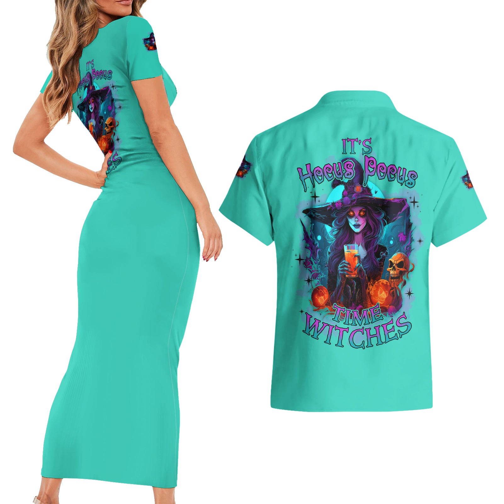 Hocus Pocus Time Witches Halloween Couples Matching Short Sleeve Bodycon Dress and Hawaiian Shirt - Wonder Print Shop