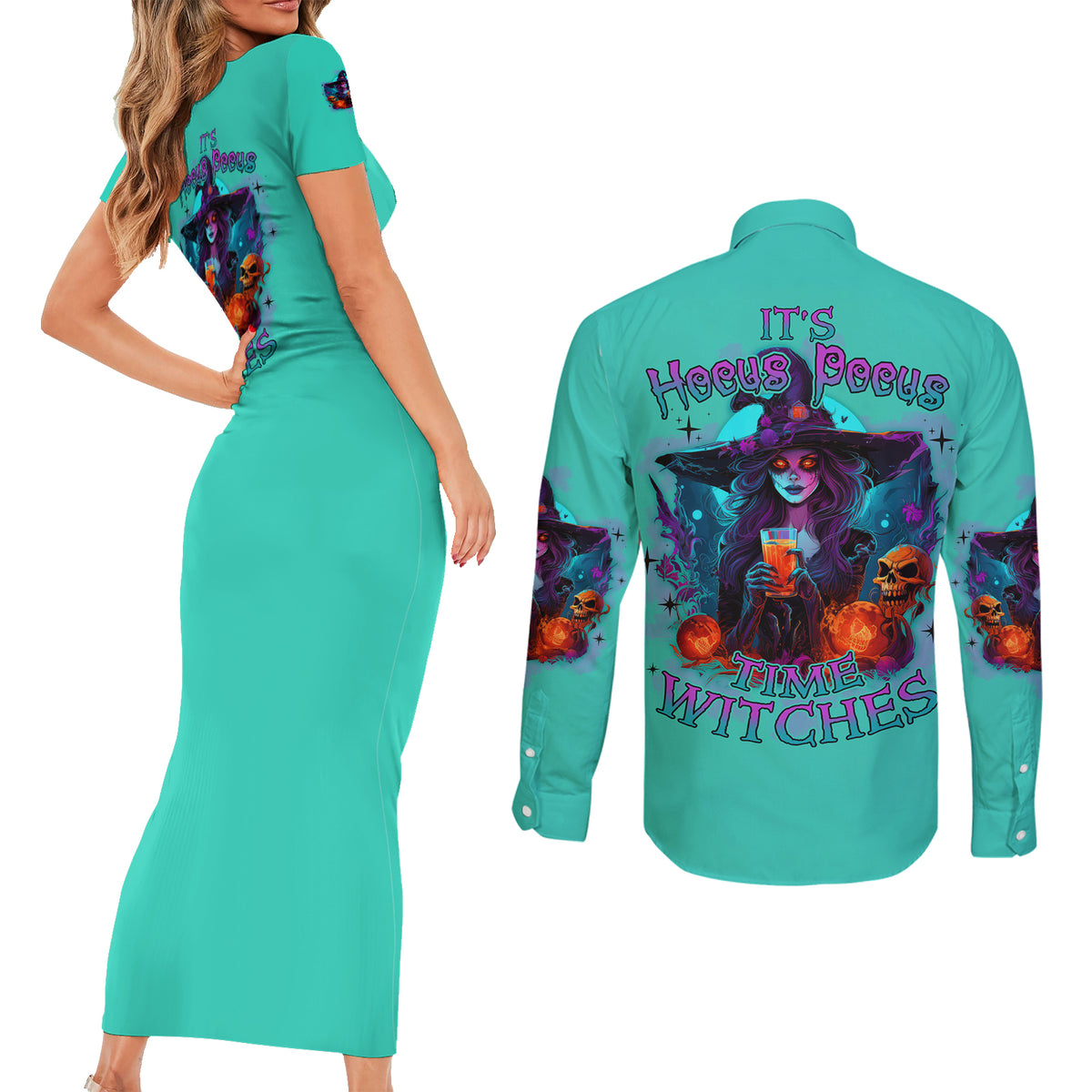 Hocus Pocus Time Witches Halloween Couples Matching Short Sleeve Bodycon Dress and Long Sleeve Button Shirt - Wonder Print Shop