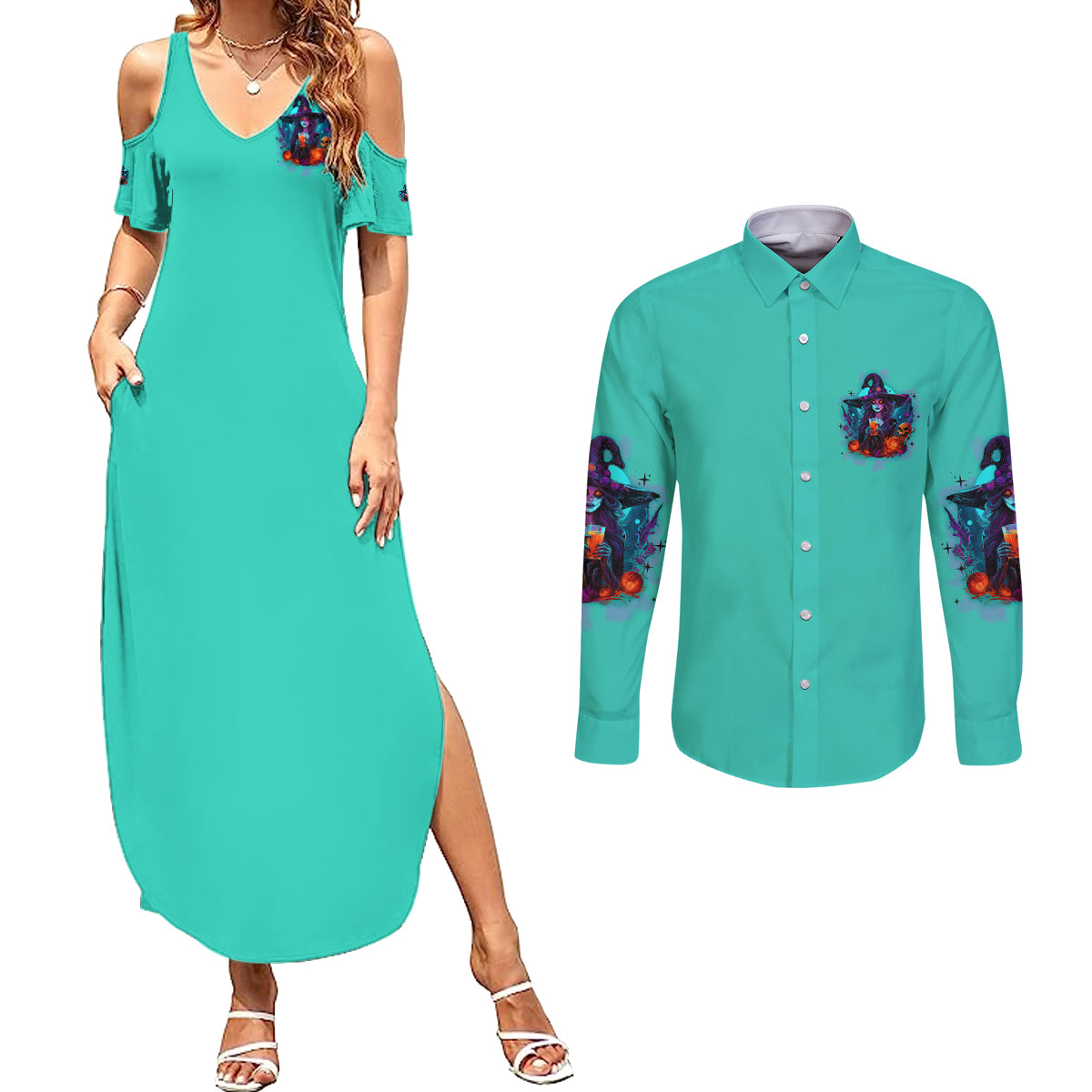 Hocus Pocus Time Witches Halloween Couples Matching Summer Maxi Dress and Long Sleeve Button Shirt - Wonder Print Shop