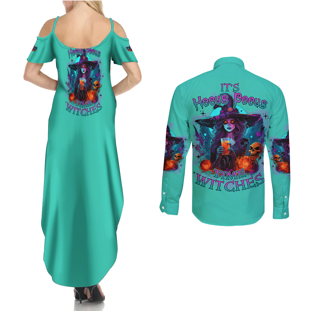 Hocus Pocus Time Witches Halloween Couples Matching Summer Maxi Dress and Long Sleeve Button Shirt - Wonder Print Shop