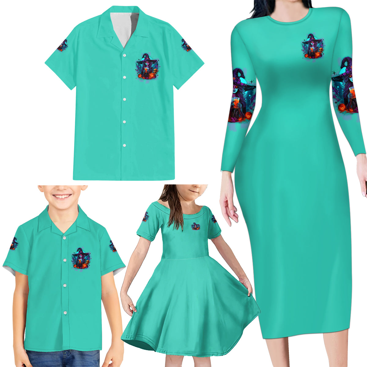 Hocus Pocus Time Witches Halloween Family Matching Long Sleeve Bodycon Dress and Hawaiian Shirt - Wonder Print Shop