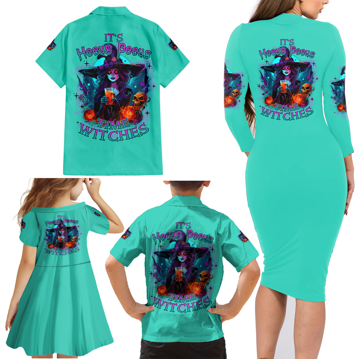 Hocus Pocus Time Witches Halloween Family Matching Long Sleeve Bodycon Dress and Hawaiian Shirt - Wonder Print Shop