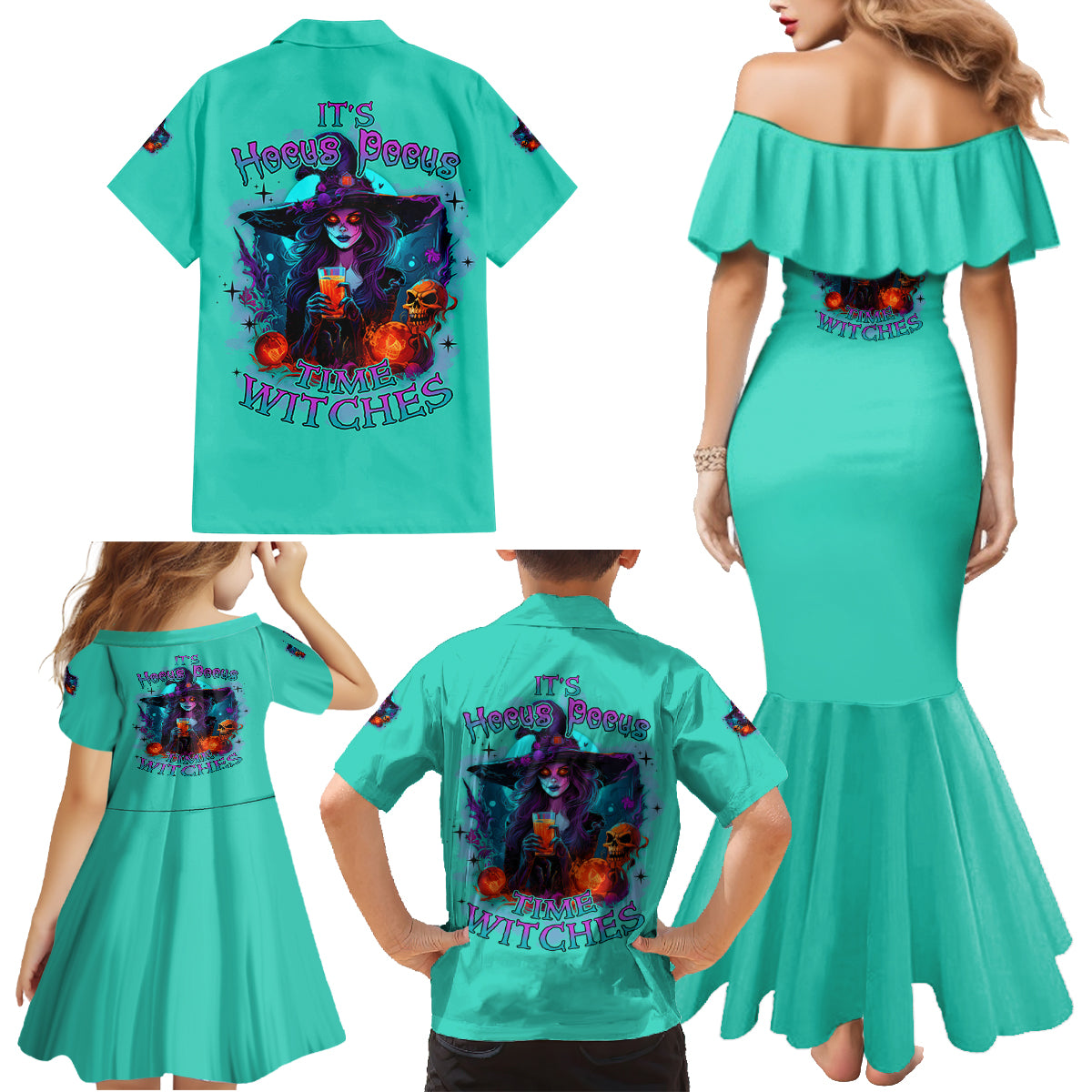 Hocus Pocus Time Witches Halloween Family Matching Mermaid Dress and Hawaiian Shirt - Wonder Print Shop