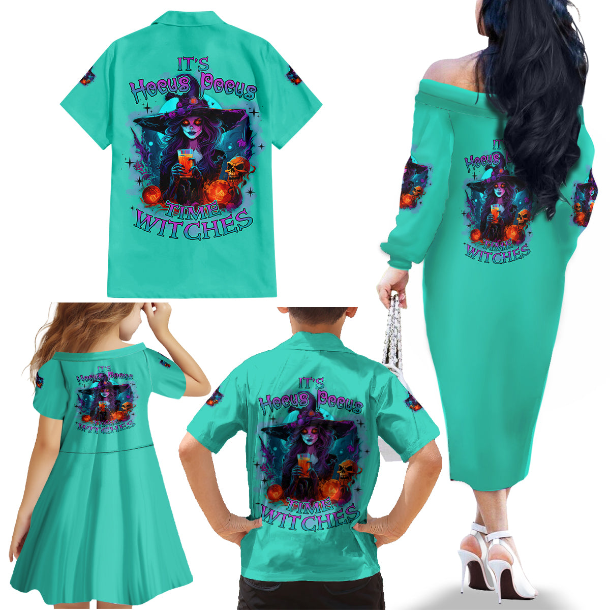 Hocus Pocus Time Witches Halloween Family Matching Off Shoulder Long Sleeve Dress and Hawaiian Shirt - Wonder Print Shop