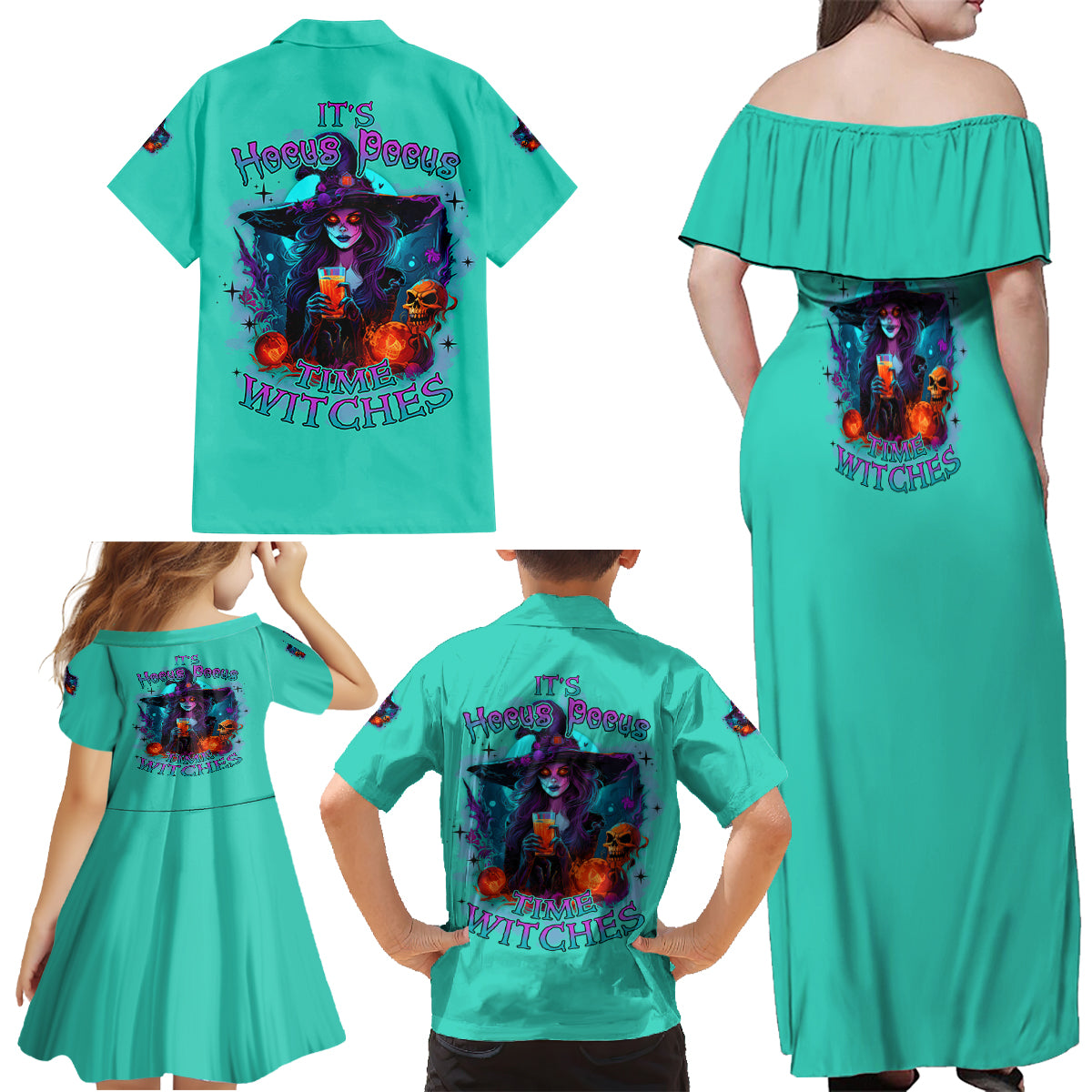 Hocus Pocus Time Witches Halloween Family Matching Off Shoulder Maxi Dress and Hawaiian Shirt - Wonder Print Shop