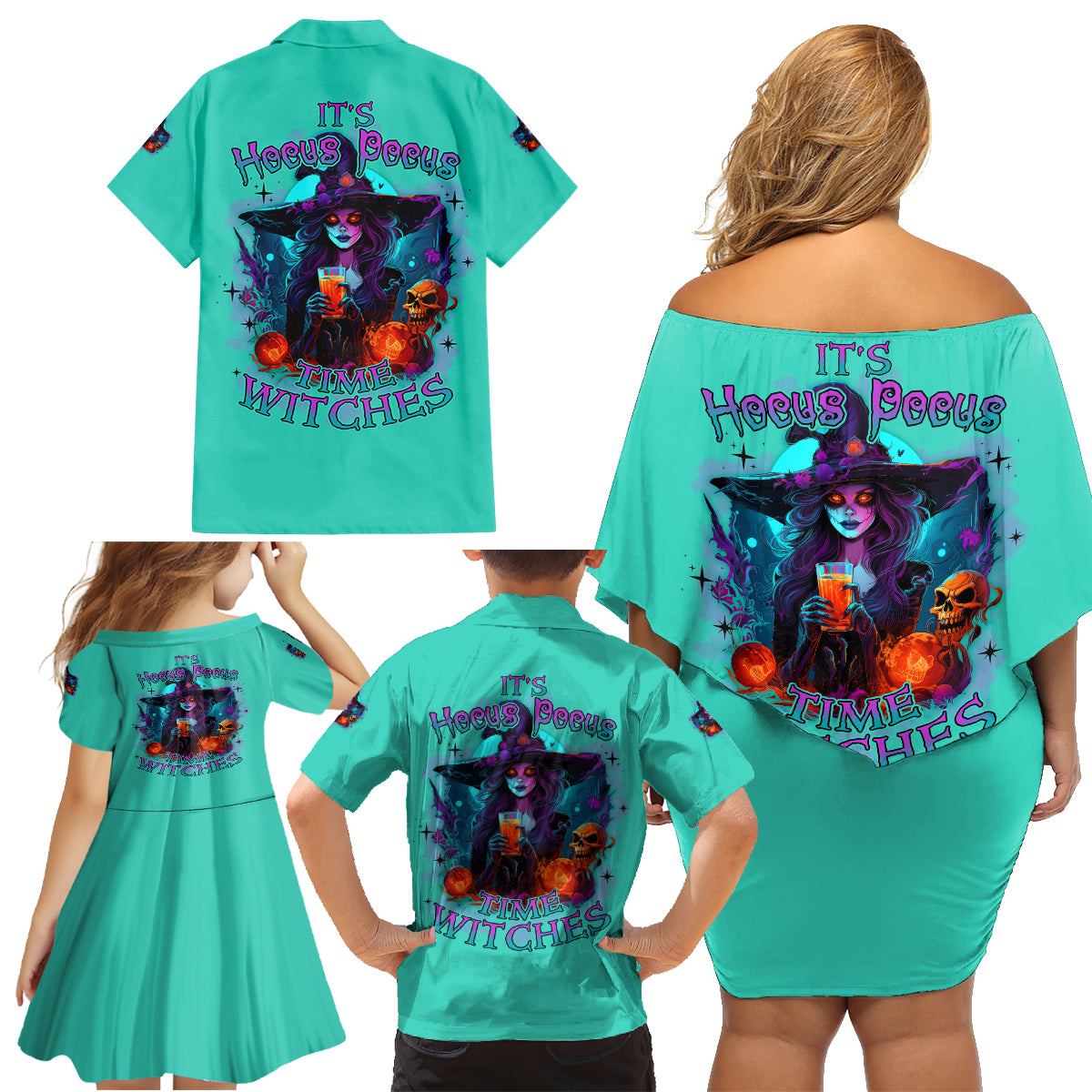 Hocus Pocus Time Witches Halloween Family Matching Off Shoulder Short Dress and Hawaiian Shirt - Wonder Print Shop