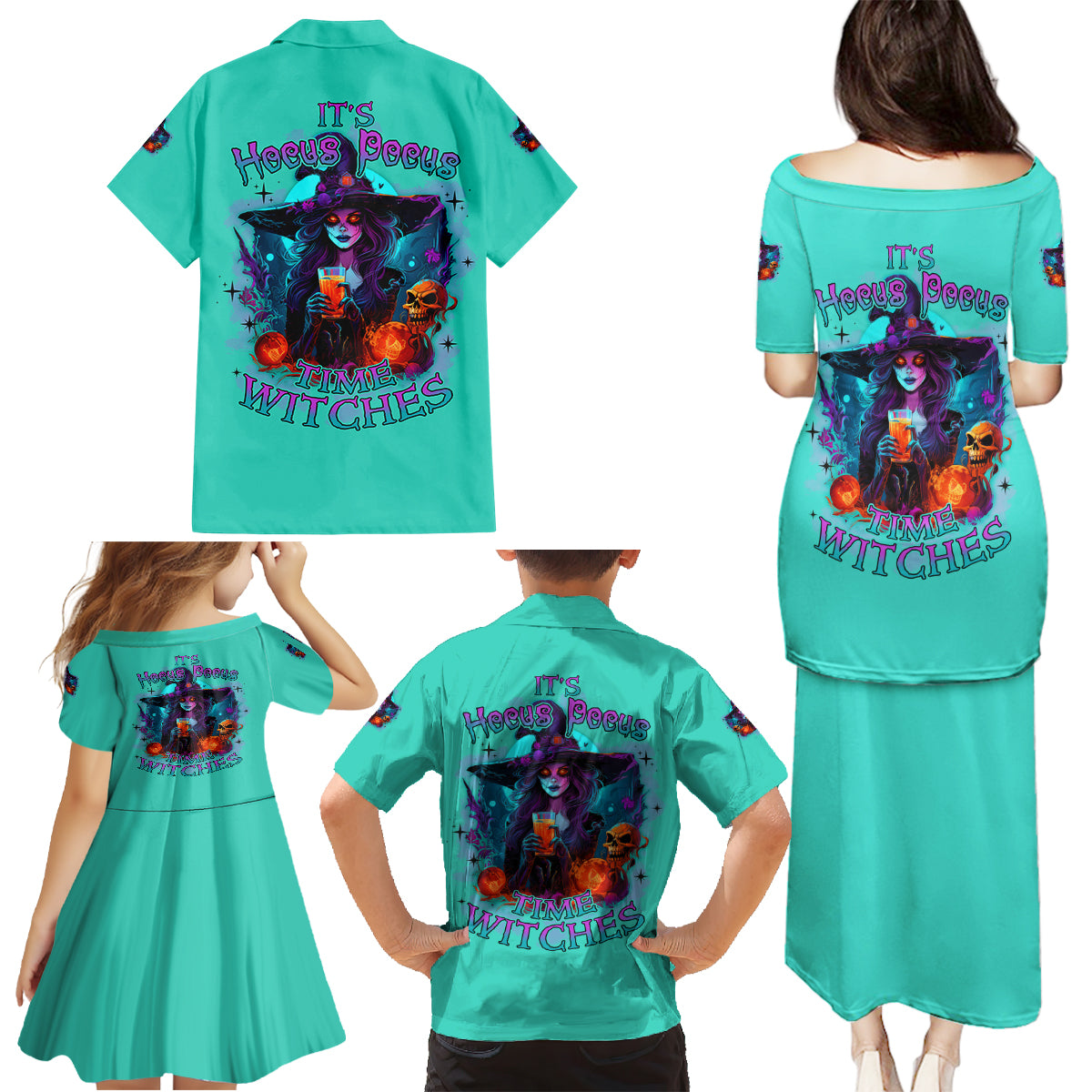Hocus Pocus Time Witches Halloween Family Matching Puletasi Dress and Hawaiian Shirt - Wonder Print Shop