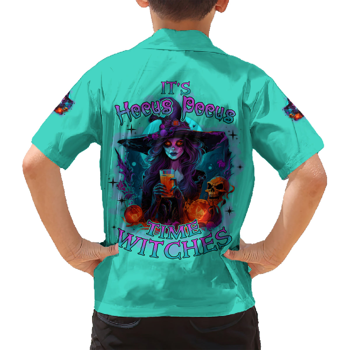 Hocus Pocus Time Witches Halloween Family Matching Short Sleeve Bodycon Dress and Hawaiian Shirt - Wonder Print Shop