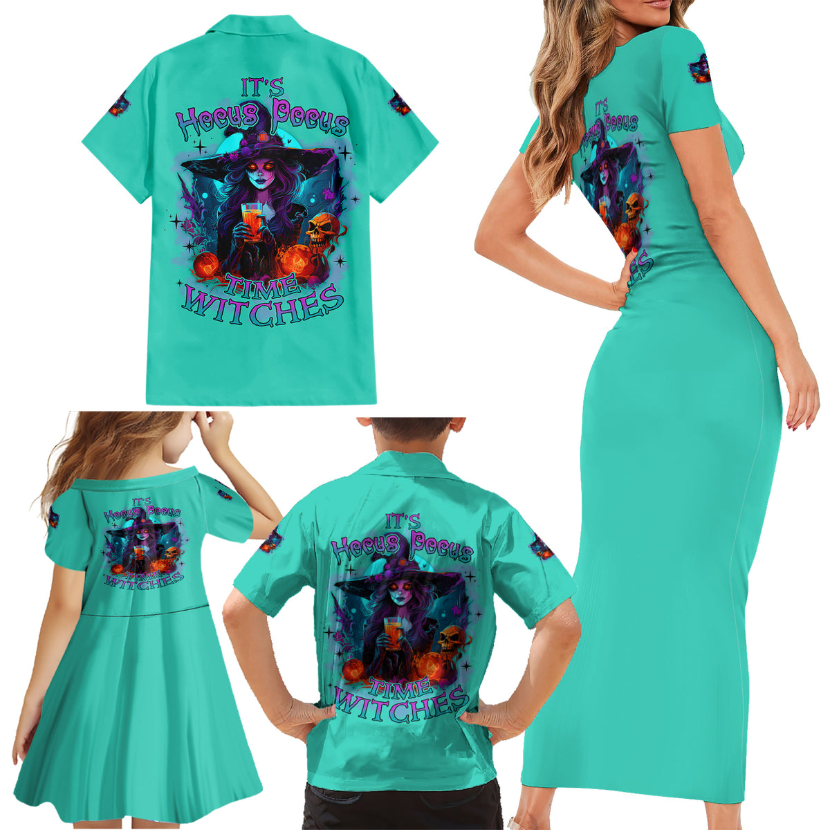 Hocus Pocus Time Witches Halloween Family Matching Short Sleeve Bodycon Dress and Hawaiian Shirt - Wonder Print Shop