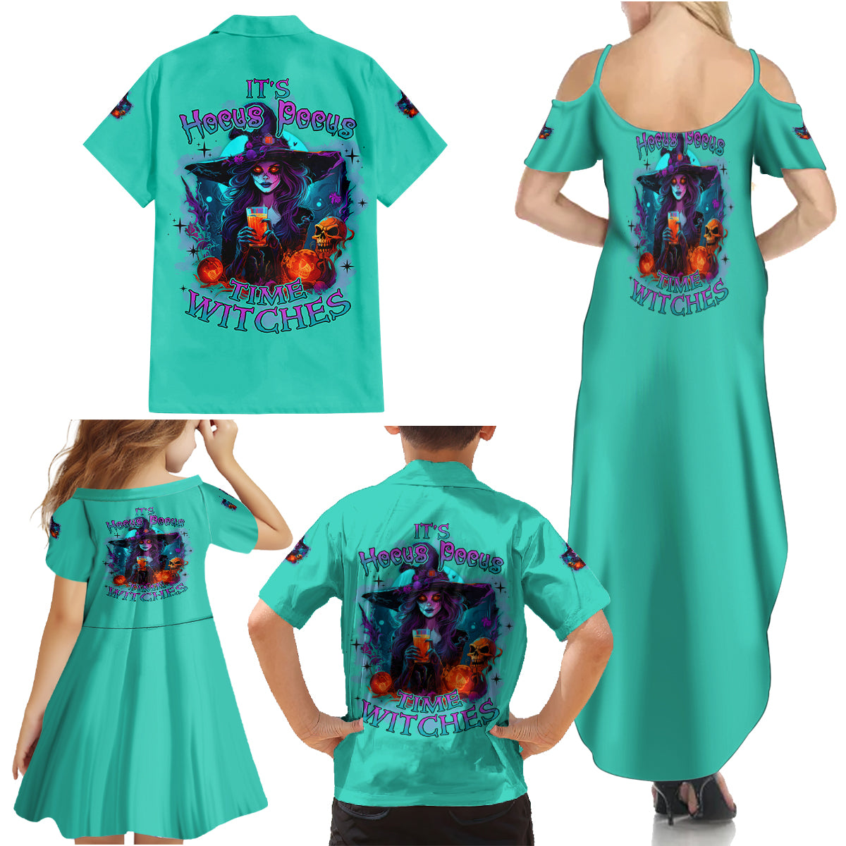 Hocus Pocus Time Witches Halloween Family Matching Summer Maxi Dress and Hawaiian Shirt - Wonder Print Shop