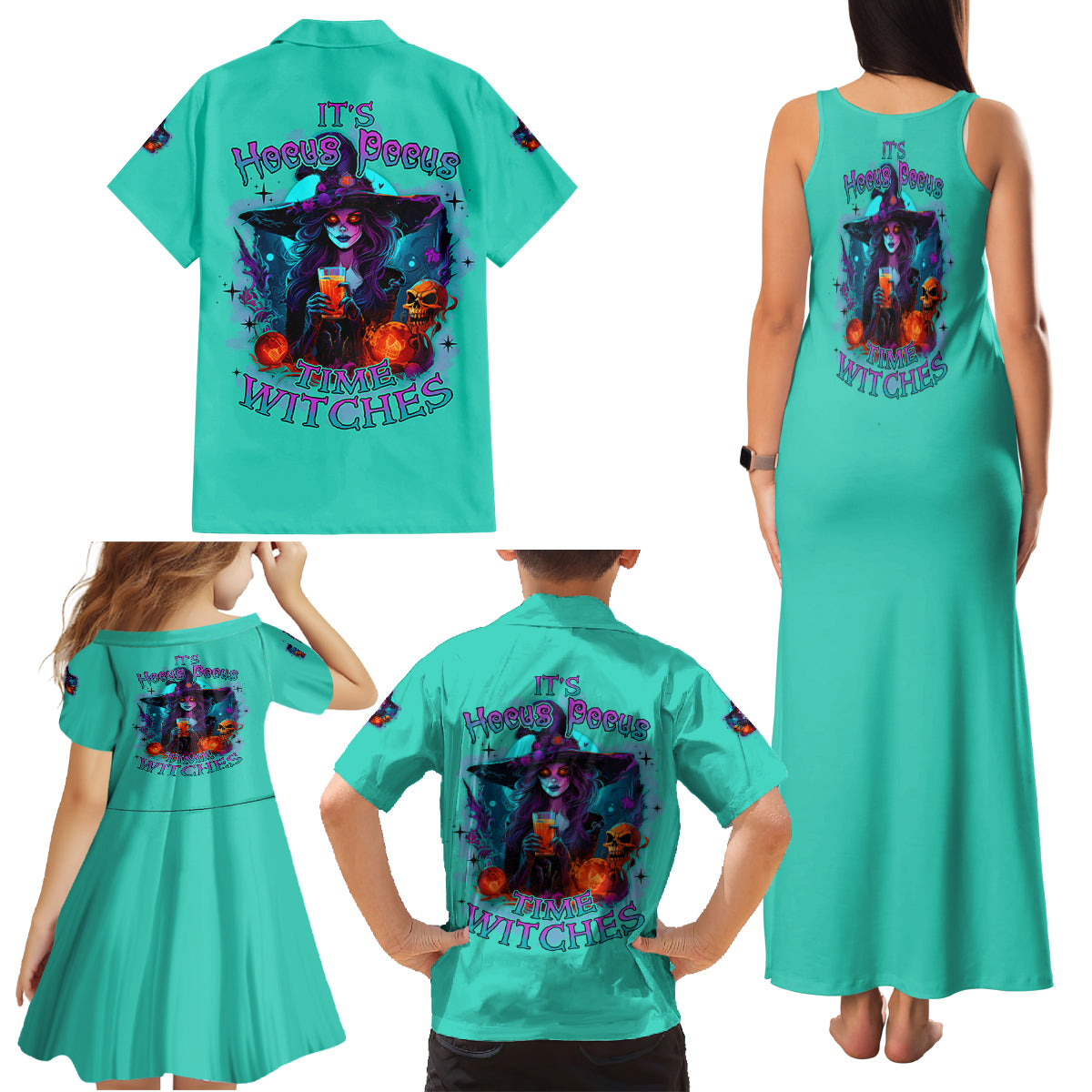 Hocus Pocus Time Witches Halloween Family Matching Tank Maxi Dress and Hawaiian Shirt - Wonder Print Shop
