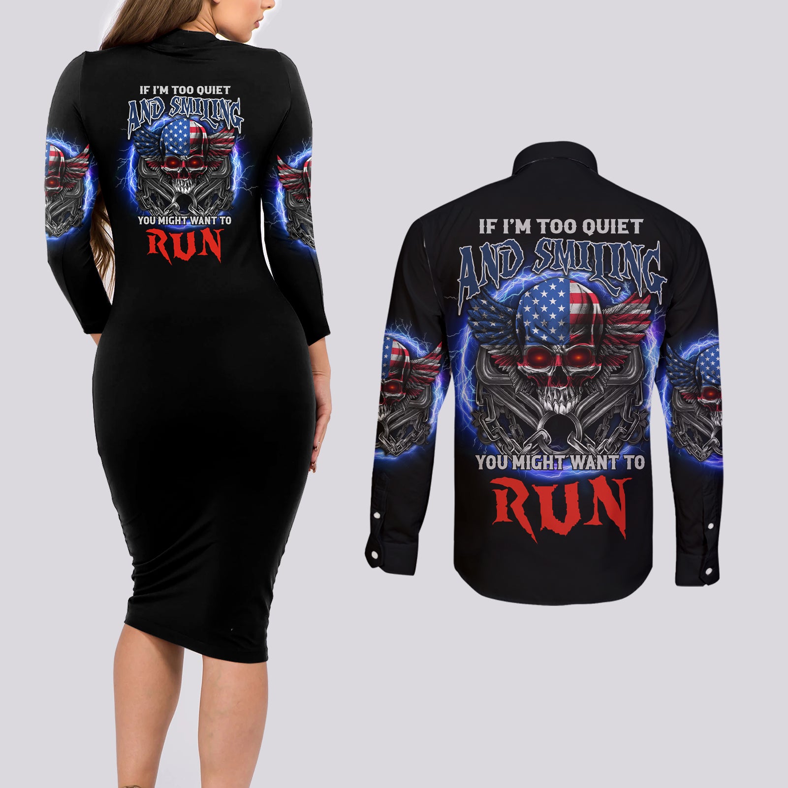 If I'm Too Quiet And Smiling America Skull Wings Couples Matching Long Sleeve Bodycon Dress and Long Sleeve Button Shirt - Wonder Print Shop