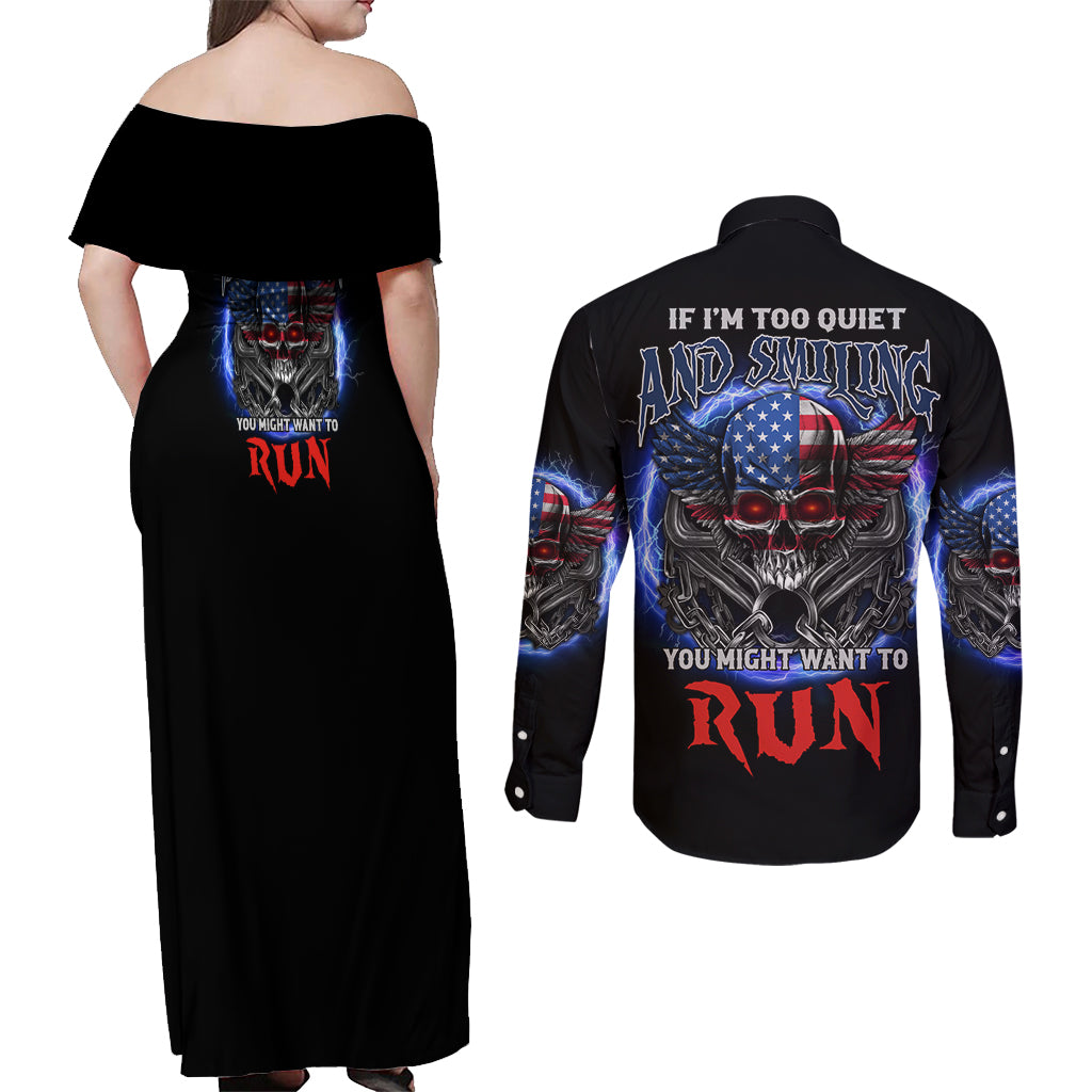 If I'm Too Quiet And Smiling America Skull Wings Couples Matching Off Shoulder Maxi Dress and Long Sleeve Button Shirt - Wonder Print Shop